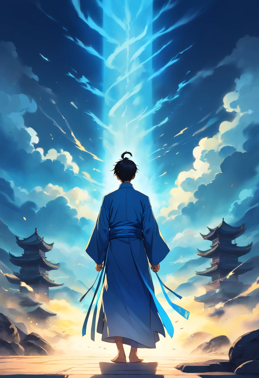 Complete storytelling, Full face, A Taoist priest who stands straight, Two fingers hold a piece of yellow paper，Draw Old Chinese words in the air, Form a spell, These words slowly dissipated in the air, A puff of white smoke is formed, Transformed into a tall golden martial arts divine shadow, Appeared behind the Taoist priest, Who turned his back to the shadow of the entire sky above him，Who dominated him, Angry, Overall cool tones, White, Blue, Create chiaroscuro, Traditional Chinese style, Ethnic feng ink painting, in wonderland, Graphical nature, Bian light highlights Taoist priests, Full-body image, long perspective, First-person perspective, high resolution, Virtual Engine,  Realism, High detail, 8K