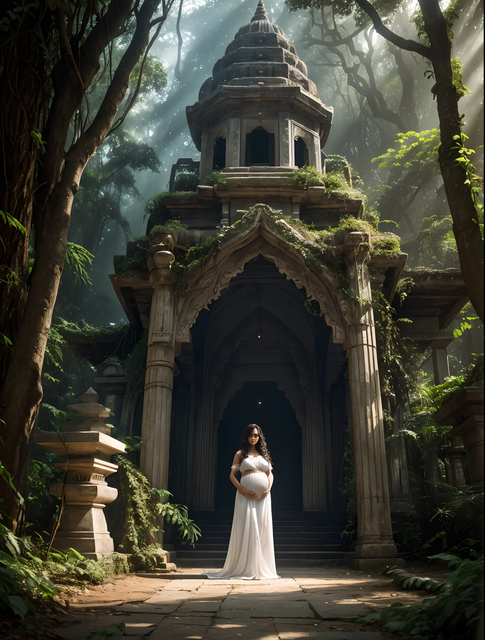 Masterpiece, full body pregnant woman in white dress, white cloth, dressed, completely, white clothes, deep in a dense jungle, hidden by towering trees, lies a hidden Indian temple. Its weathered stone walls are adorned with mysterious symbols and carvings, evoking a sense of ancient magic. The temple stands in stark contrast to its lush surroundings, exuding an eerie and mystical energy. Thick vines snake around the structure, increasing the sense of mystery and enchantment. As sunlight filters through the vault above, dappled light dances across the temple, casting enchanting shadows. Photo taken by Annie Leibovitz with a Canon EOS R5 and a telephoto lens. The lighting is a mix of filtered sunlight and subtle atmospheric effects, creating an ethereal and eerie atmosphere. Award-winning photographic style, Fine Art and Conceptual, 8K, Ultra HD, Super Resolution. 35mm, F/2.8, Insanely Detailed & Intricate, Character, Hypermaximalist, Realistic, Colorful, Photorealistic, High Resolution, Detailed, Cute Face, Toys, Realistic Background, Forest, HD, Super Detailed, Popular on Flickr, Great Quality, Dense jungle hidden by towering trees, indian temple, female model standing in the middle of mystical forest full of plants and flowers, cinematic realism, cute pose, cute expression, incredibly detailed body, perfect pupils, incredibly detailed face, highly detailed forest background with Indian temple details, HD, 8K, volumetric lighting, light-dark, smoky, low light, cool colors, hair backlighting, ear backlighting, volumetric lighting, 8K, perfect fingers, perfect eyes, perfect pupils, expressive eyes, fog, haze, distant trees, heavy blows, big lips, big tits, long curly hair, perfect legs, mouth slightly open