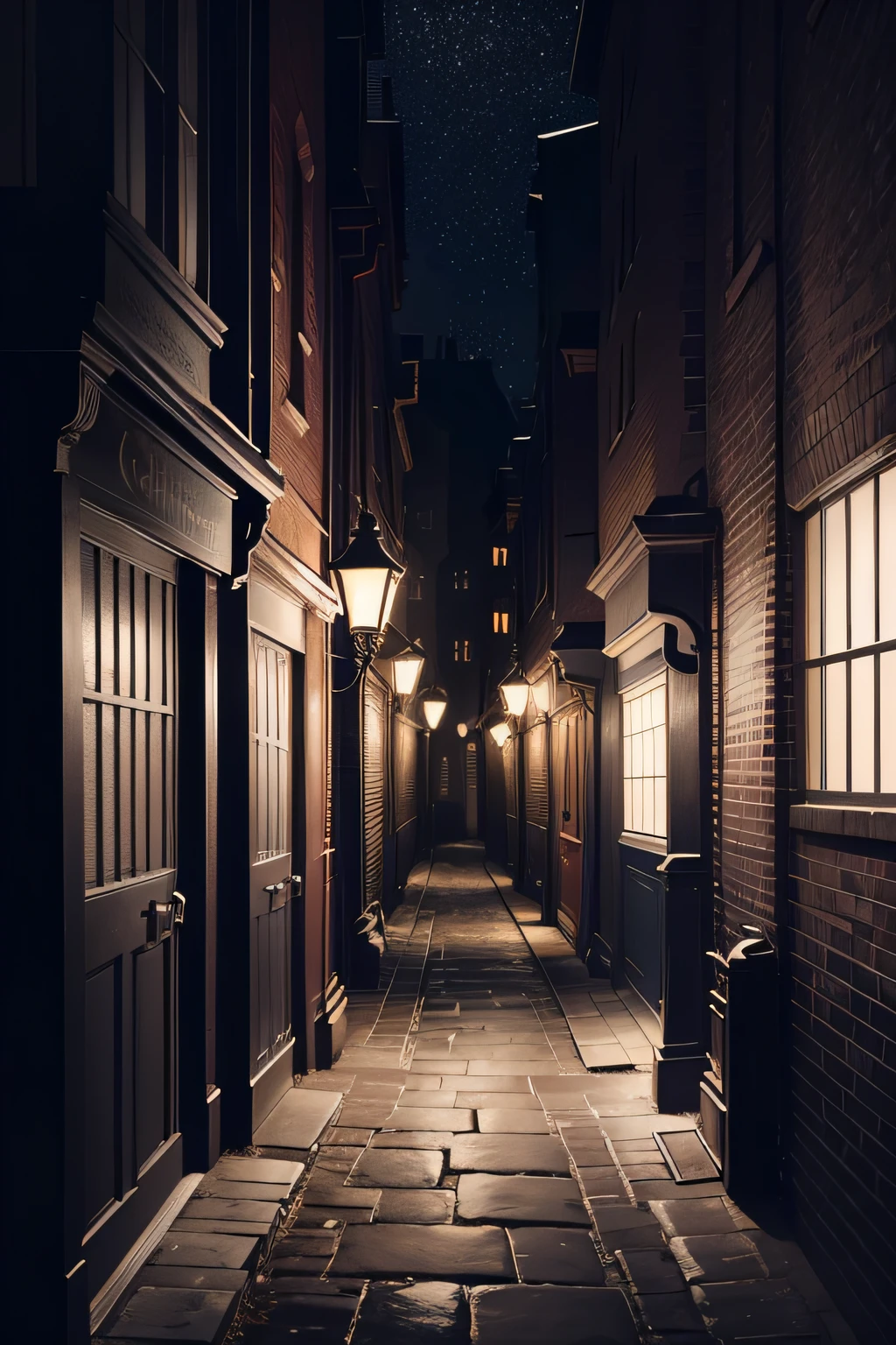 A grimy Dickensian London alleyway in the 1800s, gas lamps casting eerie glows, narrow cobblestone path, shadowy figures lurking, the oppressive atmosphere of mystery and danger, Illustration, digital art with a dark, muted color palette, --ar 9:16 --v 5