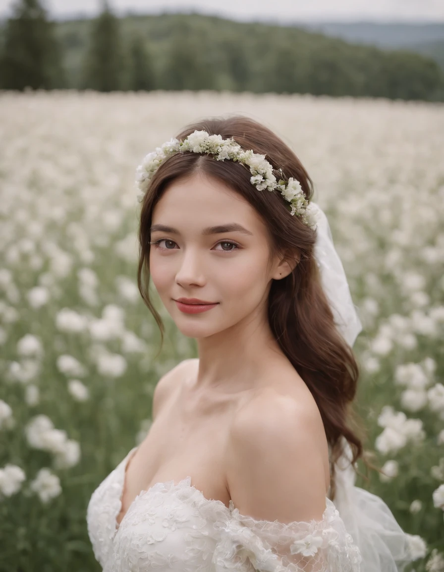 1girl in white wedding dress, Bare shoulders, blooming flower field, light smile, wollensak 127mm f/4.7 ektar