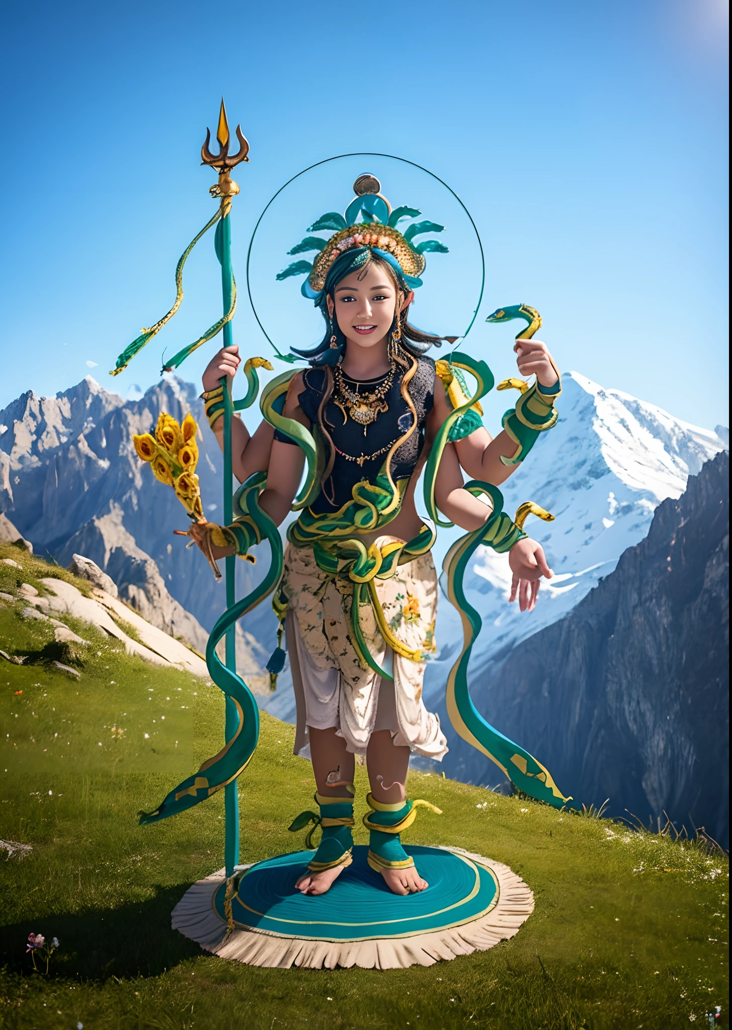 1girll，10 years old child，Stand in a valley full of flowers，（（（Green skin））），Gem Necklace，Exquisite headdress，Long hair hanging down the shoulders，There are six snakes on top of their heads，Snake in hand，The body is decorated with snakes，Four arms，A snake wrapped around his wrist，The ankles are wrapped around the snake，（The union of man and black snake），Solo, The waist is（（deerskin））, The upper body is covered（deerskin,） Holding a fan made of peacock essence in his hand， Trident weapons, Streamers，shaded_face, Pretty big breasts，Head background with round light，Alpine snow-capped mountains in the distance，Bright sky，Sunny picture，offcial art, (Extremely detailed Cg Unity 8K wallpaper), (Photorealistic:1.4), (Masterpiece), (Best quality:1.2)，Light and shadow tracking，Super HD