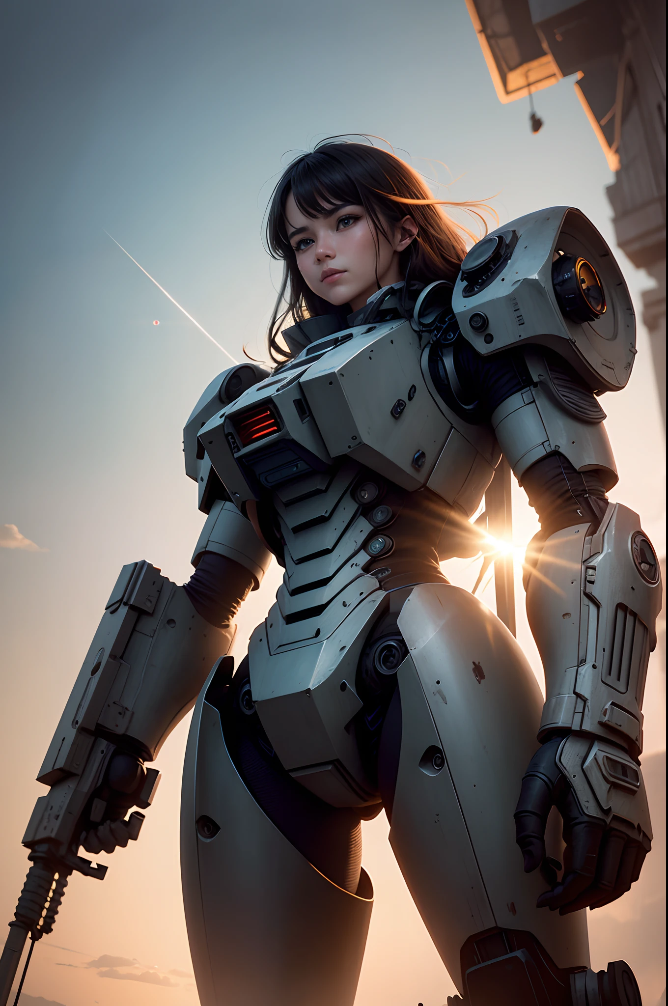 Giant machines end the battle,There are ruins all around,It was just dawn,The sun has just risen,The giant robot opens the cockpit, A woman sits inside controlling the mech,combats,The machine roars,废墟,flame of war,True mechanical texture,tmasterpiece,best qualtiy,cinematic colorgrade,high qulity,k hd,High-quality textures,High-quality shadows,high detal,realisticlying,cinematric light,Sideslit,lens flare glow,Fiber tracing,Sharp focus