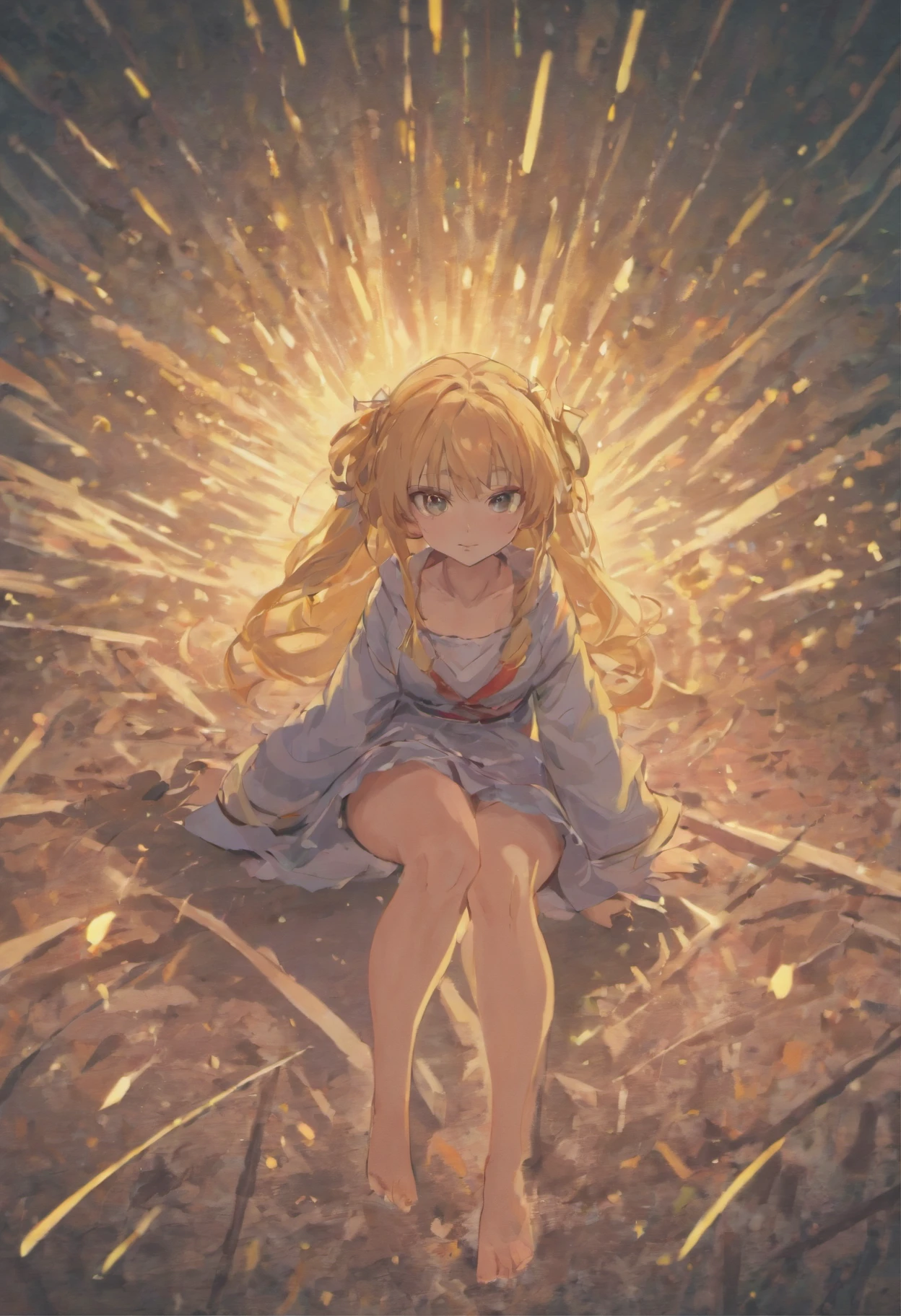 The girl sat on the ground and stretched lazily,Gape,long whitr hair,flatchest,Loose clothes,shorter pants,Bare legged