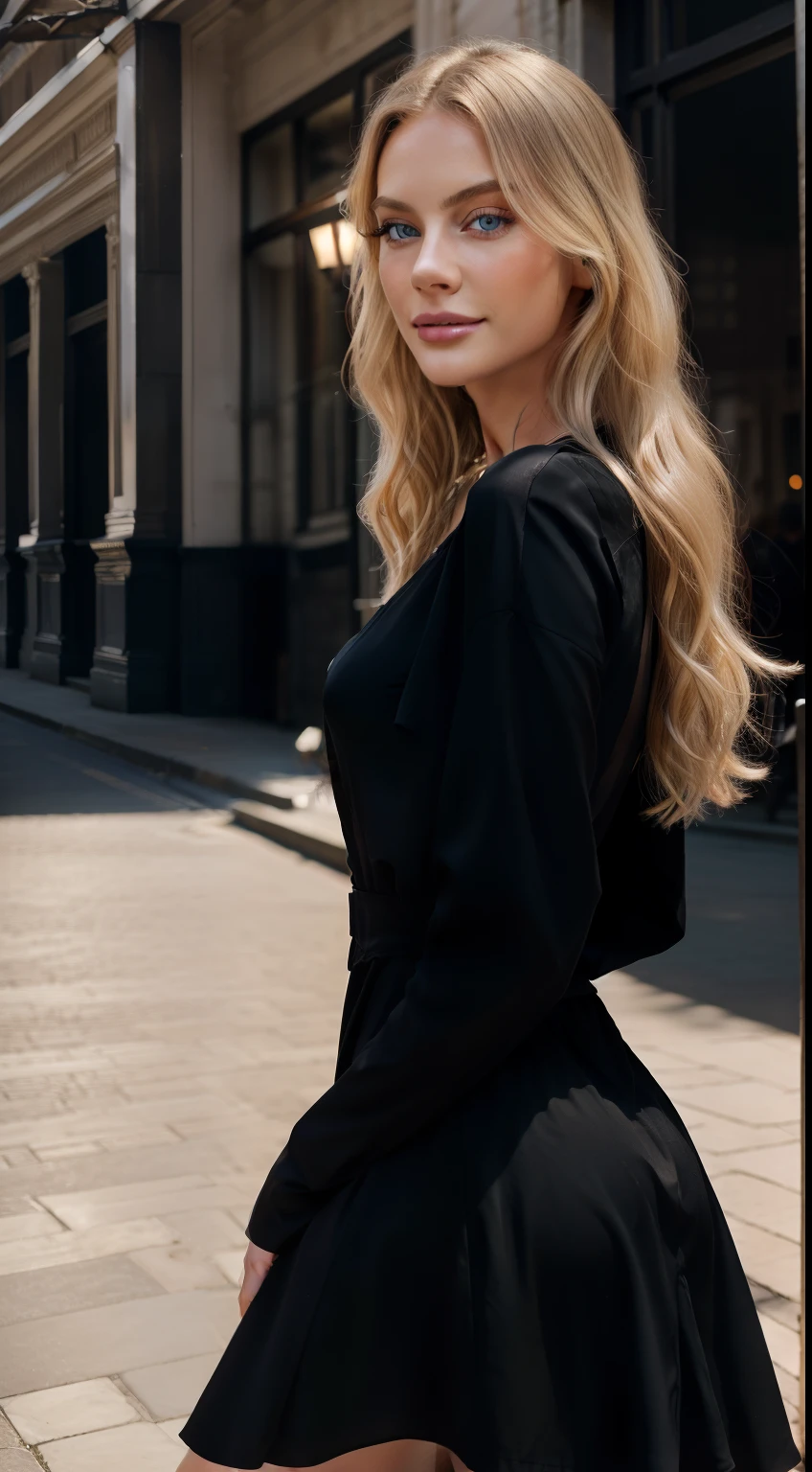 Photo of a European woman, raw, blue eyes, beautiful face, (Extra long wavy blonde hair), (finely detailed skin), pale skin, moist, wearing a black dress, out in the streets smiling in the day light, in front of a building, (masterpiece) (photorealistic), ultrarealistic (Best Quality) (Detailed) photographed in a Canon EOS R5, 50mm Lens, F/2.8, (8K) (Wallpaper) (Cinematic lighting) (Dramatic Lighting) (Convoluted) Fashion,