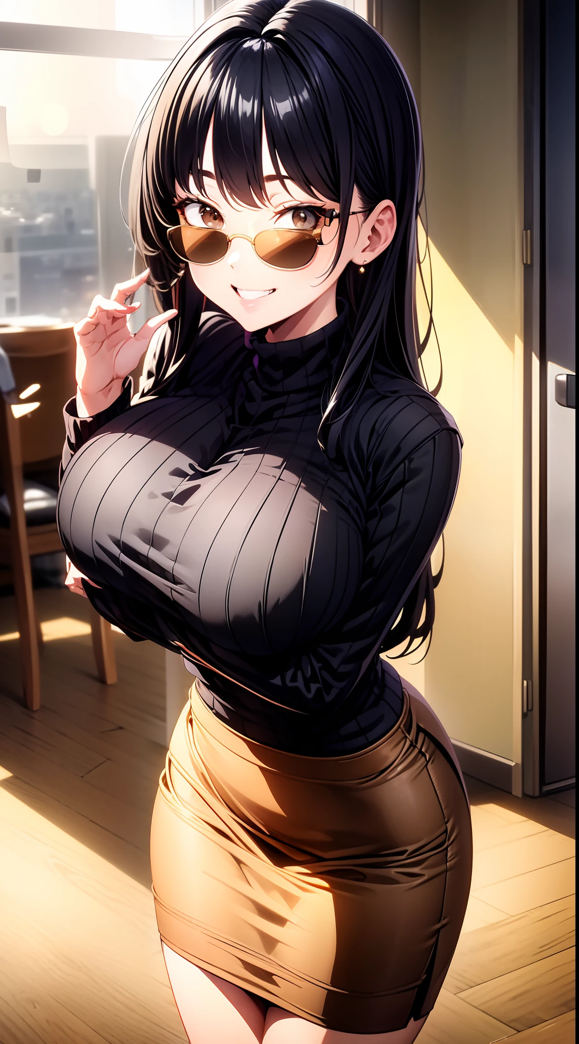 8k, highres, ultra detailed, (masterpiece:1.4), best quality, symmetrical body, (black roll-neck sweter:1.4), (beige pencil skirt with plaid parter:1.4), (sunglasses:1.4), choker, cute, solo, earrings, long hair, dark purple hair, Brown eyes, glow effect, finely eye, grinning, wide smile, detailed face, looking at viewer, smilling at viewer, office, standing, angled view, big breasts, teasing, seductive look