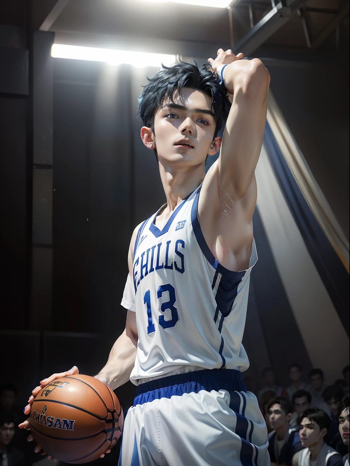 hight resolution、realisitic、realistic、A hyper-realistic、basketball uniform, 17-year-old Korean、Male Idol、male, Black hair permed hair、Light blue eyes、fair white skin、wet armpit、numerous piercings in the ears、Alone、Upper body photo、Sweating