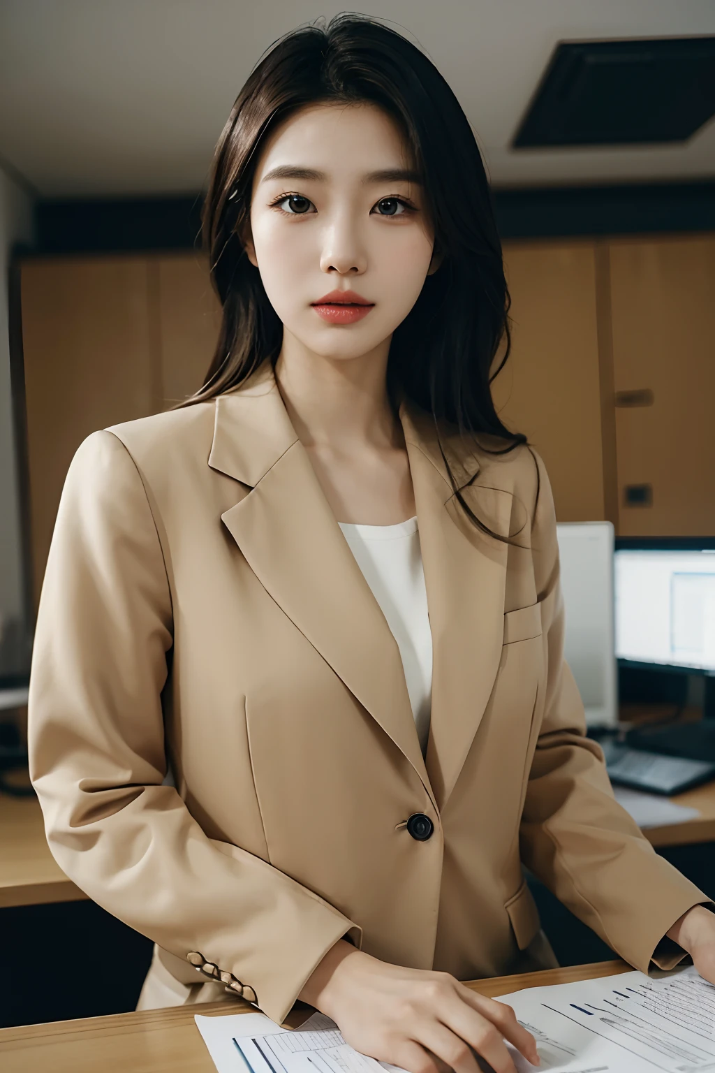 High-res, Realistic portrait of professional korean office lady with perfect skin,Professional suits,Women's suits,stand posture,The upper part of the body,Women in the workplace,Show confidence and maturity, Surrounded by a modern corporate environment, Vibrant and naturally lit highlights. The artwork should emphasize her elegant facial features, Including charming long eyes, Fluttering eyelashes and seductive lips. The scene should be enhanced with elements of professionalism and visual appeal,For example, Stylish work desk, Mainframe computers, High-resolution display, and complex stationery. The overall tone should be warm and professional, Has a soft and natural color palette. The artwork should exude a sense of professionalism, Success, and cultural pride,The background is blurred out