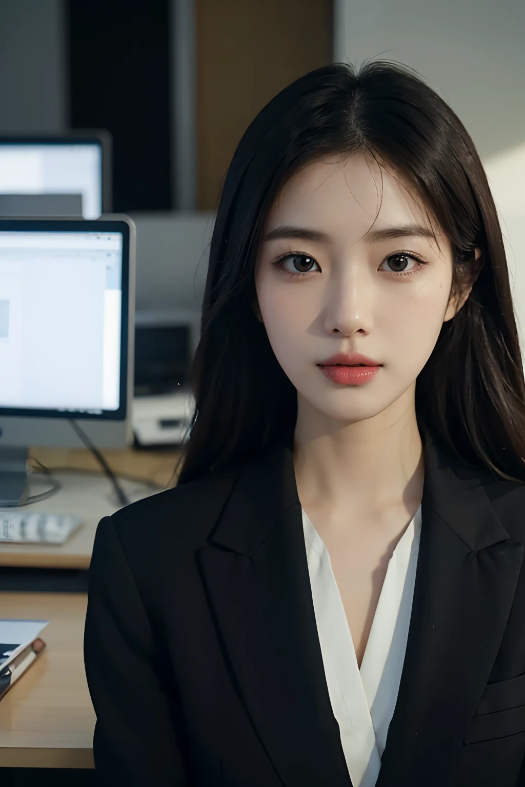 High-res, Realistic portrait of professional korean office lady with perfect skin，Professional suits，Women's suits，stand posture，The upper part of the body，Women in the workplace，Show confidence and maturity, Surrounded by a modern corporate environment, Vibrant and naturally lit highlights. The artwork should emphasize her elegant facial features, Including charming long eyes, Fluttering eyelashes and seductive lips. The scene should be enhanced with elements of professionalism and visual appeal，For example, Stylish work desk, Mainframe computers, High-resolution display, and complex stationery. The overall tone should be warm and professional, Has a soft and natural color palette. The artwork should exude a sense of professionalism, Success, and cultural pride，The background is blurred out