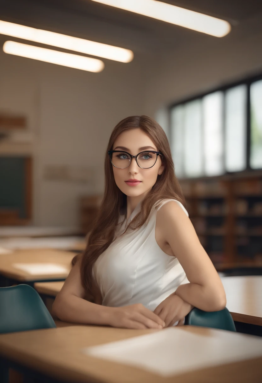 25 years old woman(glasses eyes), milf, ((at classroom)), ((school uniform)), RAW photo, (photorealistic:1.37, realistic), highly detailed CG unified 8K wallpapers, 1girl, ((perfect body:1.1)), (medium breasts:1.2) , looking at viewer, (((straight from front))), (HQ skin:1.2, shiny skin), 8k uhd, dslr, soft lighting, high quality, film grain, Fujifilm XT3, ((full body:0.8)), (professional lighting:1.4) ,