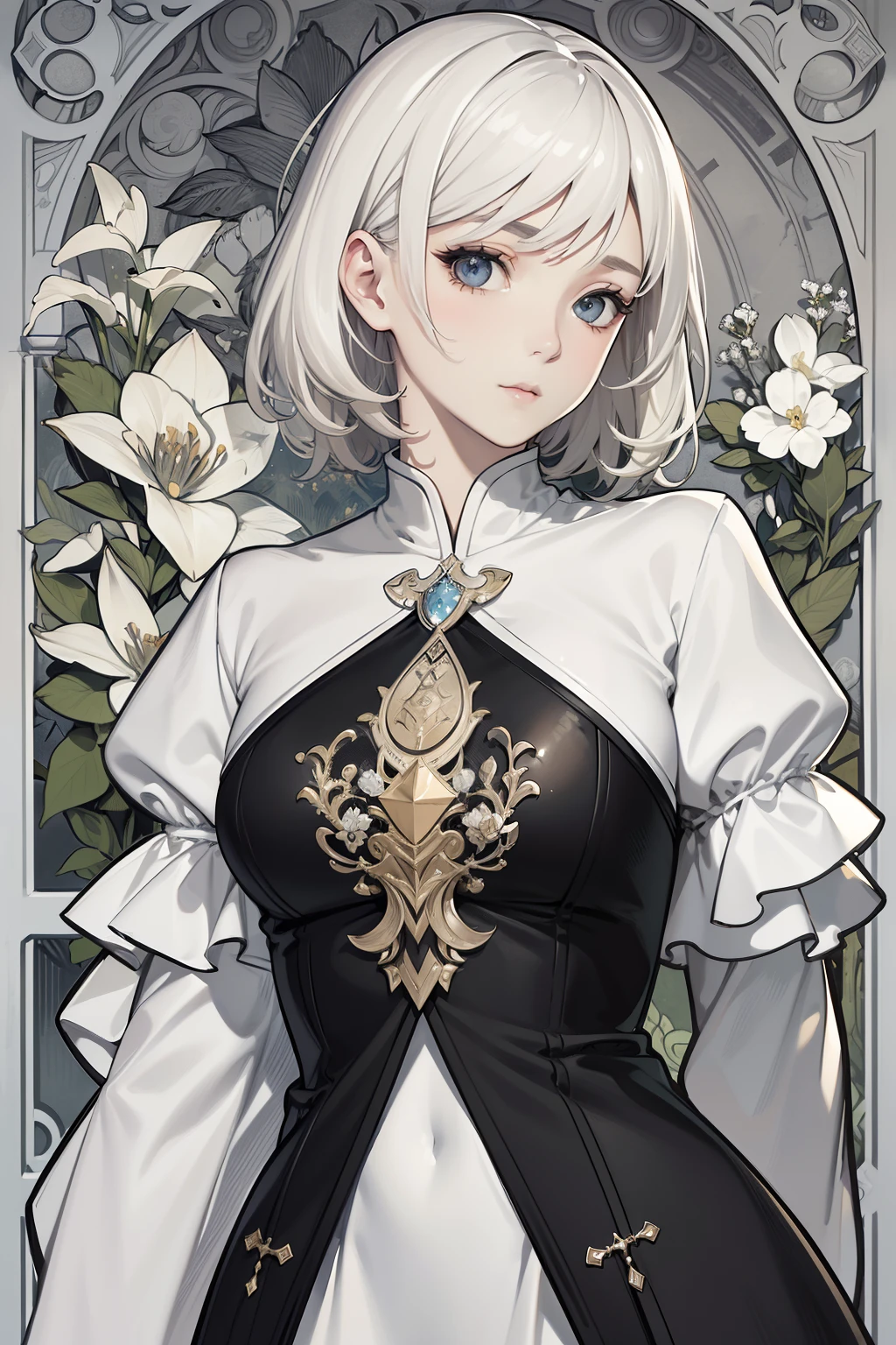 masterpiece、top-quality、hight resolution、High-quality images、8K.1womanl、Monochrome grayscale、skin gloss、Texture of skin and clothing、the detail、Detailed eye expression、Lustrous hair、full body Esbian、Platinum Blonde Shorthair、cloister、troubadour、Mucha-esque