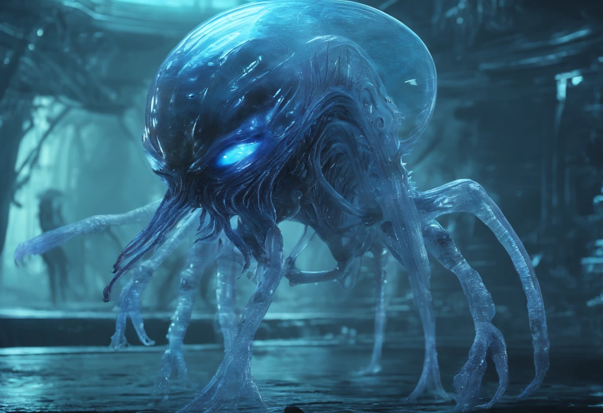 (Translucent Alien), walking, hands and feet, big eyes, water monsters, (humanoid), light, blue light, jellyfish, ocean, aquatic plants