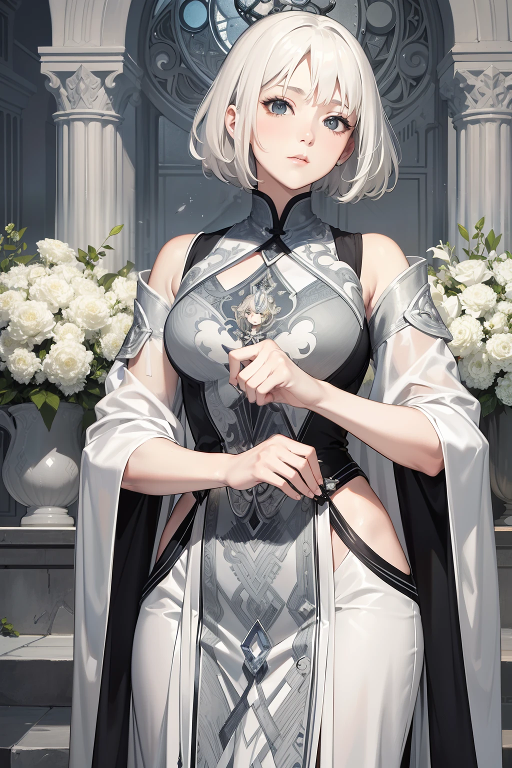 masterpiece、top-quality、hight resolution、High-quality images、8K.1womanl、Monochrome grayscale、skin gloss、Texture of skin and clothing、the detail、Detailed eye expression、Lustrous hair、full body Esbian、Platinum Blonde Shorthair、cloister、troubadour、Mucha-esque