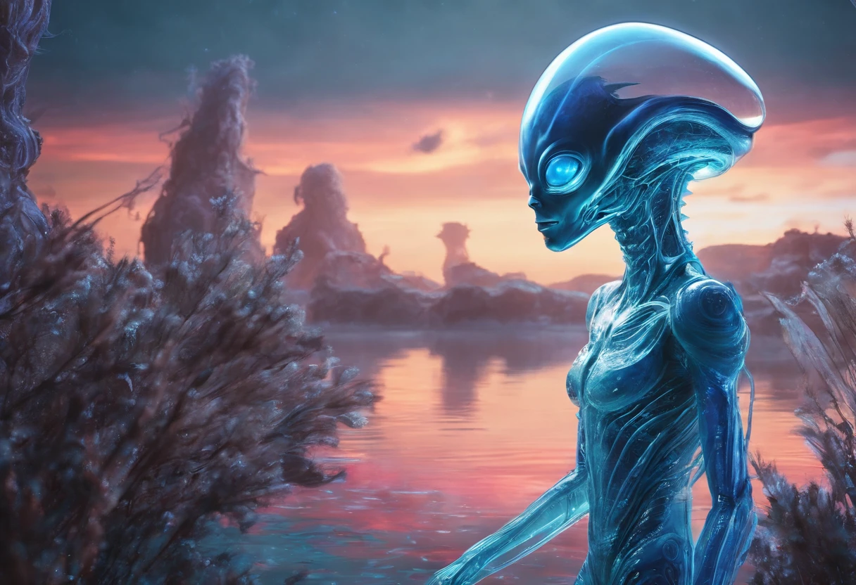 a beautiful female alien with translucent blue skin showing her internal organs, standing on a big rock