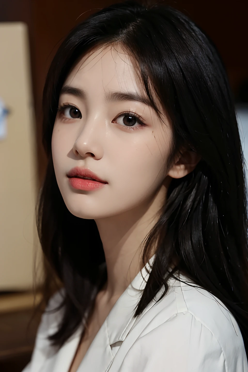 High-res, Realistic portrait of professional korean office lady with perfect skin，Professional suits，Women's suits，stand posture，The upper part of the body，Women in the workplace，Show confidence and maturity, Surrounded by a modern corporate environment, Vibrant and naturally lit highlights. The artwork should emphasize her elegant facial features, Including charming long eyes, Fluttering eyelashes and seductive lips. The scene should be enhanced with elements of professionalism and visual appeal，For example, Stylish work desk, Mainframe computers, High-resolution display, and complex stationery. The overall tone should be warm and professional, Has a soft and natural color palette. The artwork should exude a sense of professionalism, Success, and cultural pride，The background is blurred out