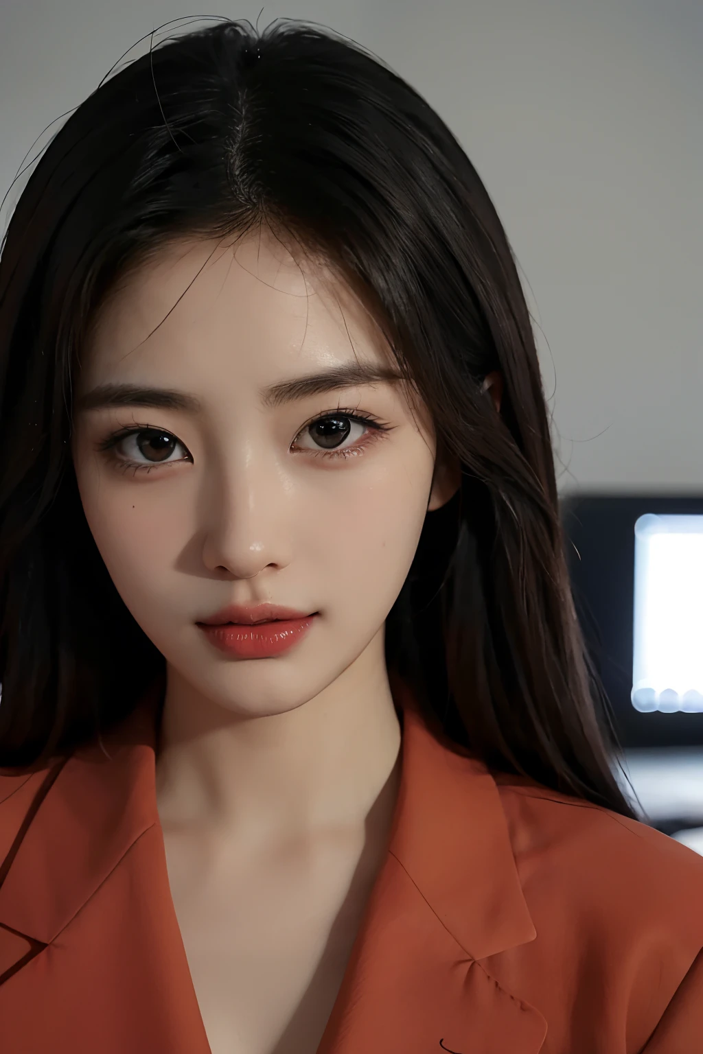 High-res, Realistic portrait of professional korean office lady with perfect skin,Professional suits,Women's suits,stand posture,The upper part of the body,Women in the workplace,Show confidence and maturity, Surrounded by a modern corporate environment, Vibrant and naturally lit highlights. The artwork should emphasize her elegant facial features, Including charming long eyes, Fluttering eyelashes and seductive lips. The scene should be enhanced with elements of professionalism and visual appeal,For example, Stylish work desk, Mainframe computers, High-resolution display, and complex stationery. The overall tone should be warm and professional, Has a soft and natural color palette. The artwork should exude a sense of professionalism, Success, and cultural pride,The background is blurred out