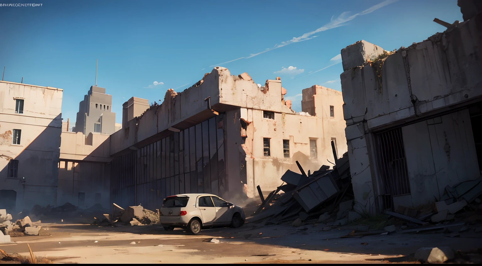 A combat arena with broken buildings, wasteland