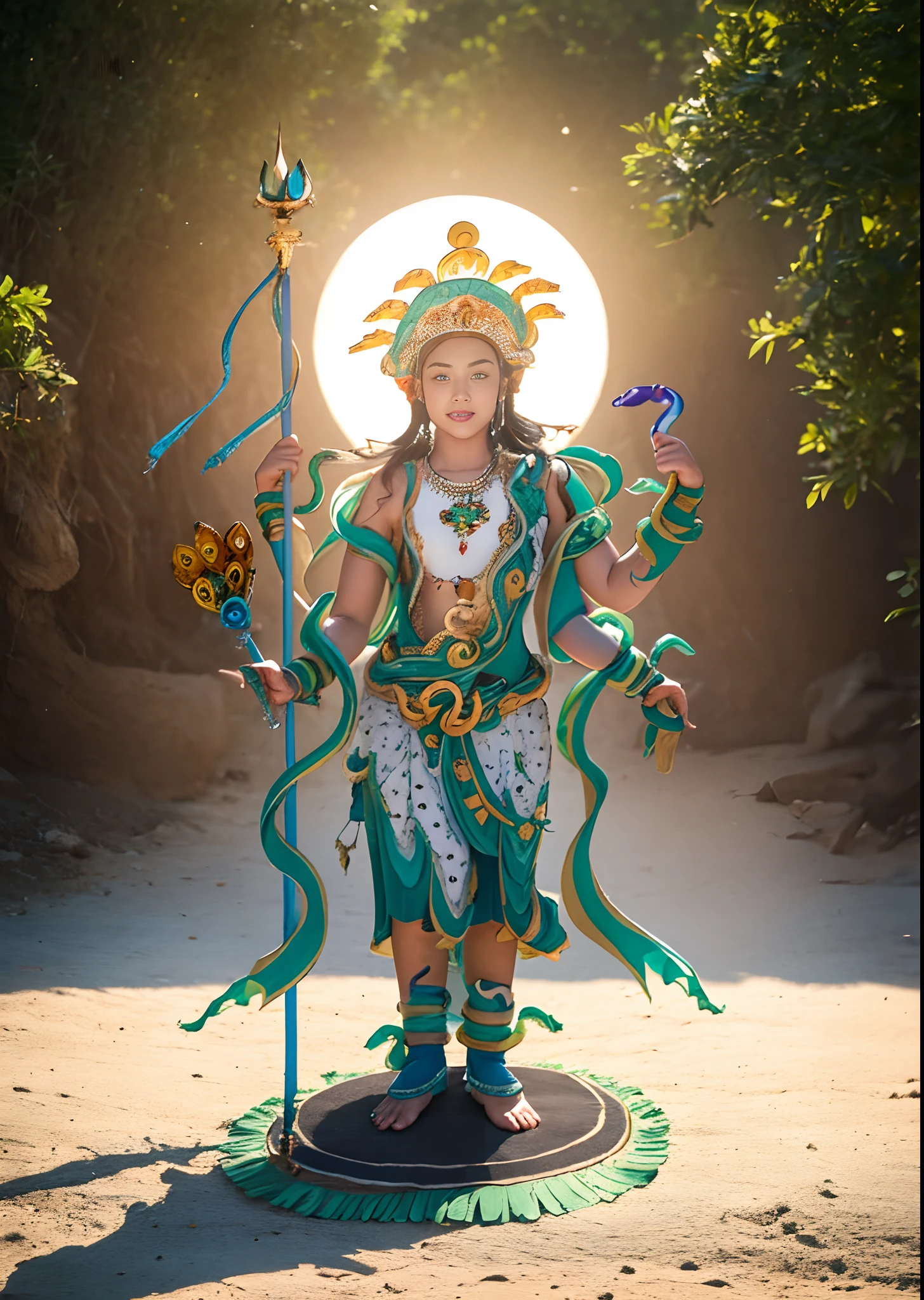 1girll，10 years old child，Stand in a valley full of mandala flowers，（（（Green skin））），Gem Necklace，Exquisite headdress，Long hair hanging down the shoulders，There are six snakes on top of their heads，Snake in hand，The body is decorated with snakes，Four arms，A snake wrapped around his wrist，The ankles are wrapped around the snake，（The union of man and black snake），Solo, The waist is（（deerskin））, The upper body is covered（deerskin,） Holding a fan made of peacock essence in his hand， Trident weapons, Streamers，shaded_face, Pretty big breasts，Head background with round light，Alpine snow-capped mountains in the distance，Bright sky，Sunny picture，offcial art, (Extremely detailed Cg Unity 8K wallpaper), (Photorealistic:1.4), (Masterpiece), (Best quality:1.2)，Light and shadow tracking，Super HD