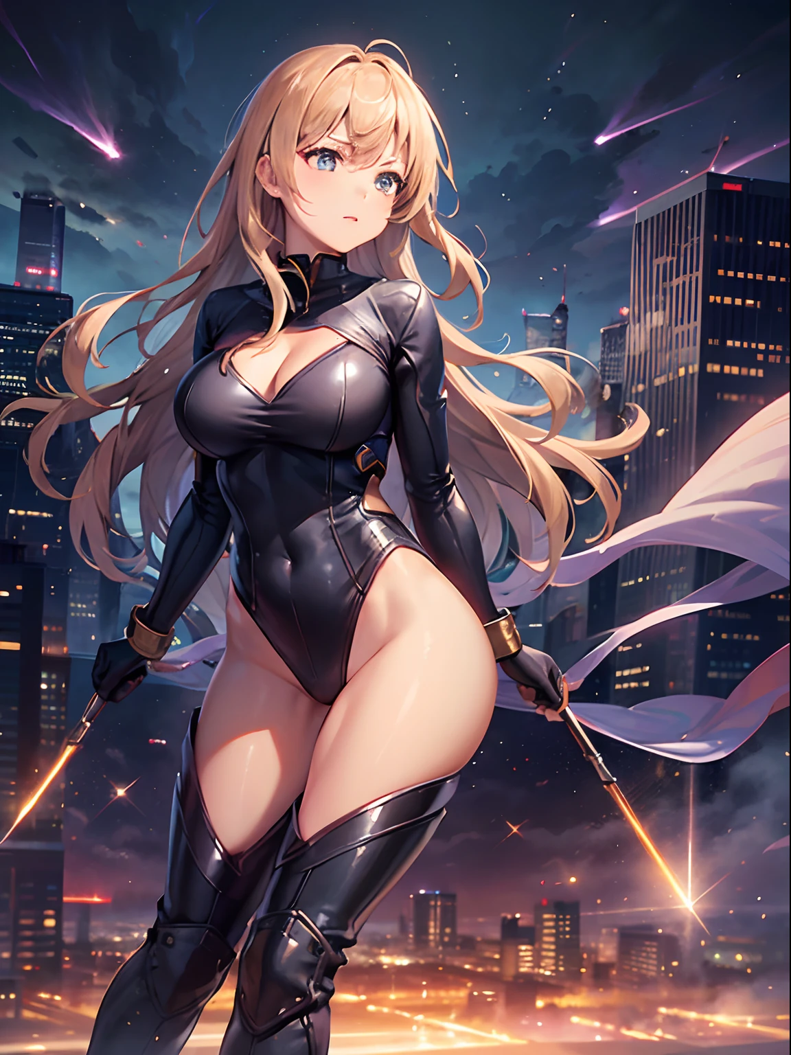 1 woman, solo, superhero, leotard, bare legs, boots, gloves, full body, city backdrop, depth of field, cowboy shot, Aura, particles, age 21, heroic, spinning into a tornado cloud