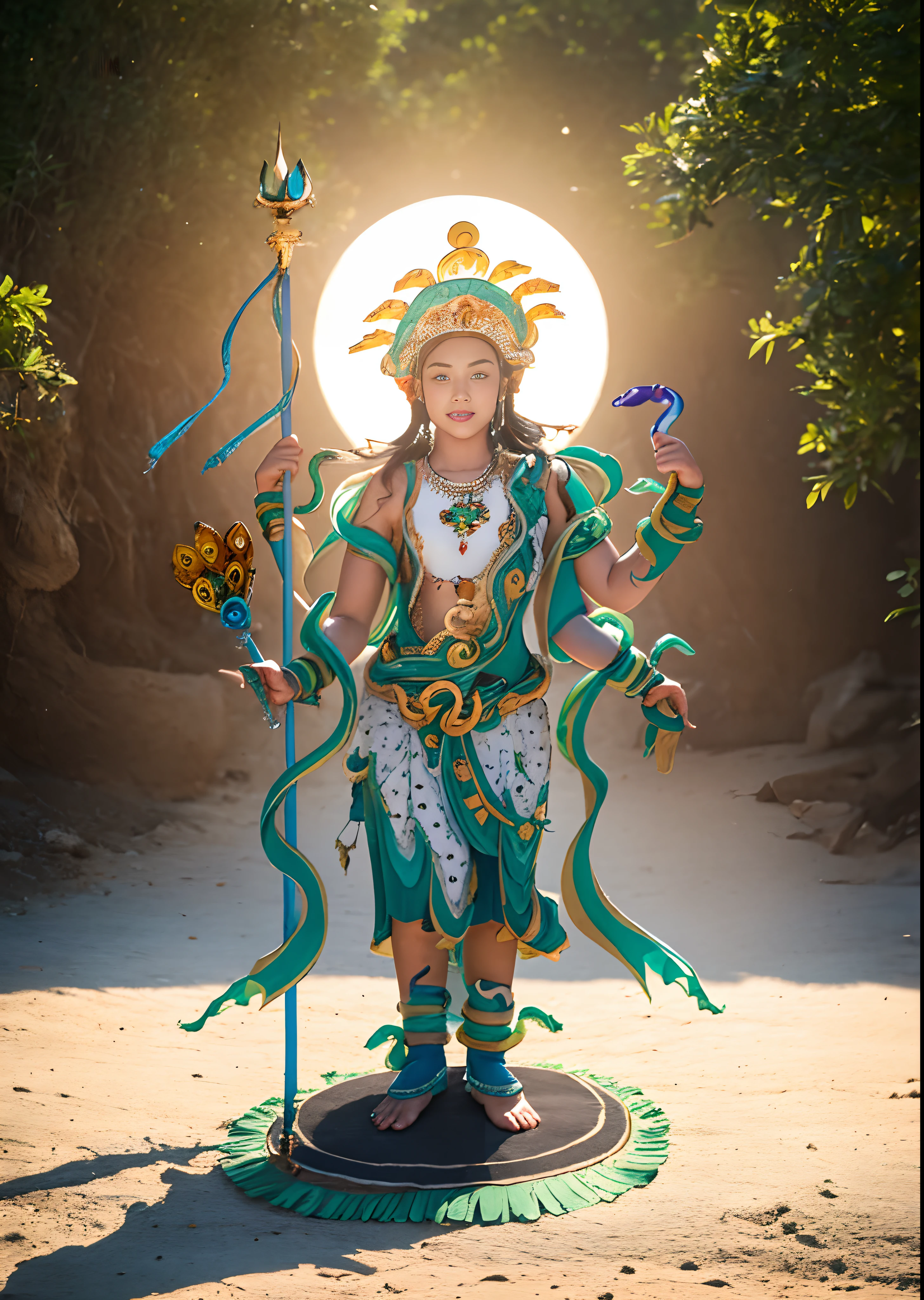 1girll，10 years old child，Stand in a valley full of mandala flowers，（（（Green skin））），Gem Necklace，Exquisite headdress，Long hair hanging down the shoulders，There are six snakes on top of their heads，Snake in hand，The body is decorated with snakes，Four arms，A snake wrapped around his wrist，The ankles are wrapped around the snake，（The union of man and black snake），Solo, The waist is（（deerskin））, The upper body is covered（deerskin,） Holding a fan made of peacock essence in his hand， Trident weapons, Streamers，shaded_face, Pretty big breasts，Head background with round light，Alpine snow-capped mountains in the distance，Bright sky，Sunny picture，offcial art, (Extremely detailed Cg Unity 8K wallpaper), (Photorealistic:1.4), (Masterpiece), (Best quality:1.2)，Light and shadow tracking，Super HD