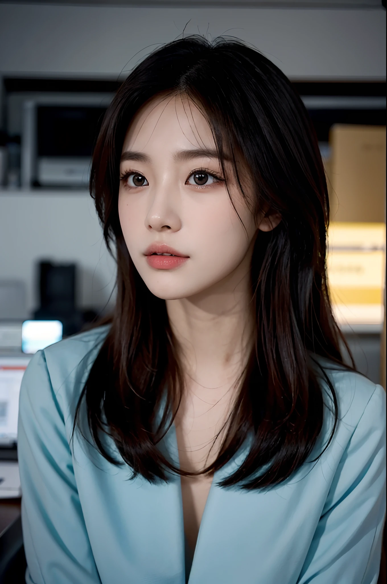 High-res, Realistic portrait of professional korean office lady with perfect skin,Professional suits,Women's suits,stand posture,The upper part of the body,Women in the workplace,Show confidence and maturity, Surrounded by a modern corporate environment, Vibrant and naturally lit highlights. The artwork should emphasize her elegant facial features, Including charming long eyes, Fluttering eyelashes and seductive lips. The scene should be enhanced with elements of professionalism and visual appeal,For example, Stylish work desk, Mainframe computers, High-resolution display, and complex stationery. The overall tone should be warm and professional, Has a soft and natural color palette. The artwork should exude a sense of professionalism, Success, and cultural pride,The background is blurred out