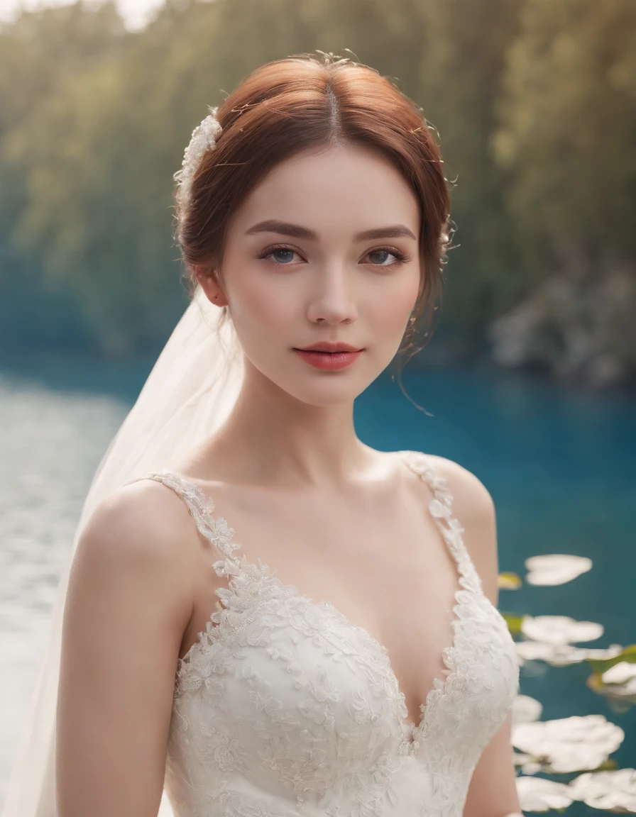 1 beautiful girl, (Realistic:1.3) (full bodyesbian:1.3), standing photo, Stand in front of the blue lake, White wedding dress, Soft dress, Masterpiece, diffused soft lighting, Portrait, Best quality, (Perfect face:1.4), Ultra-realistic Highly detailed, Complex and realistic simulation style photos, Cinematic lighting, studio shoot, Elegant Pose, upper body