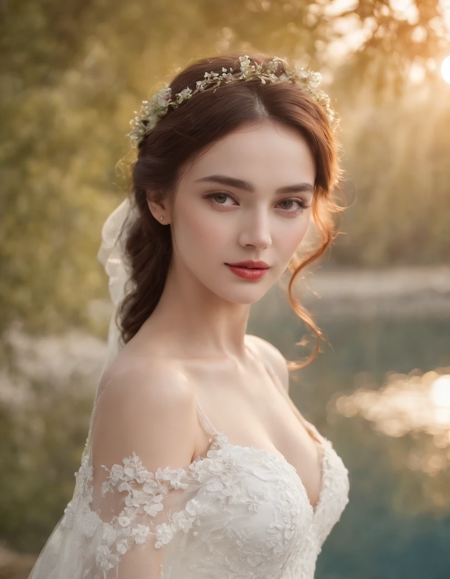 1 beautiful girl, (Realistic:1.3) (full bodyesbian:1.3), standing photo, Stand in front of the blue lake, White wedding dress, Soft dress, Masterpiece, diffused soft lighting, Portrait, Best quality, (Perfect face:1.4), Ultra-realistic Highly detailed, Complex and realistic simulation style photos, Cinematic lighting, studio shoot, Elegant Pose, upper body