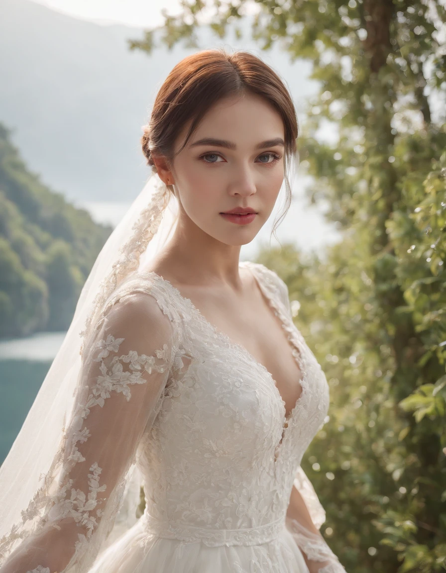 1 beautiful girl, (Realistic:1.3) (full bodyesbian:1.3), standing photo, Stand in front of the blue lake, White wedding dress, Soft dress, Masterpiece, diffused soft lighting, Portrait, Best quality, (Perfect face:1.4), Ultra-realistic Highly detailed, Complex and realistic simulation style photos, Cinematic lighting, studio shoot, Elegant Pose, upper body