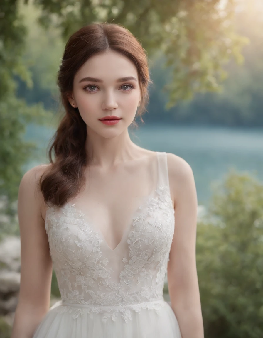 1 beautiful girl, (Realistic:1.3) (full bodyesbian:1.3), standing photo, Stand in front of the blue lake, White wedding dress, Soft dress, Masterpiece, diffused soft lighting, Portrait, Best quality, (Perfect face:1.4), Ultra-realistic Highly detailed, Complex and realistic simulation style photos, Cinematic lighting, studio shoot, Elegant Pose, upper body