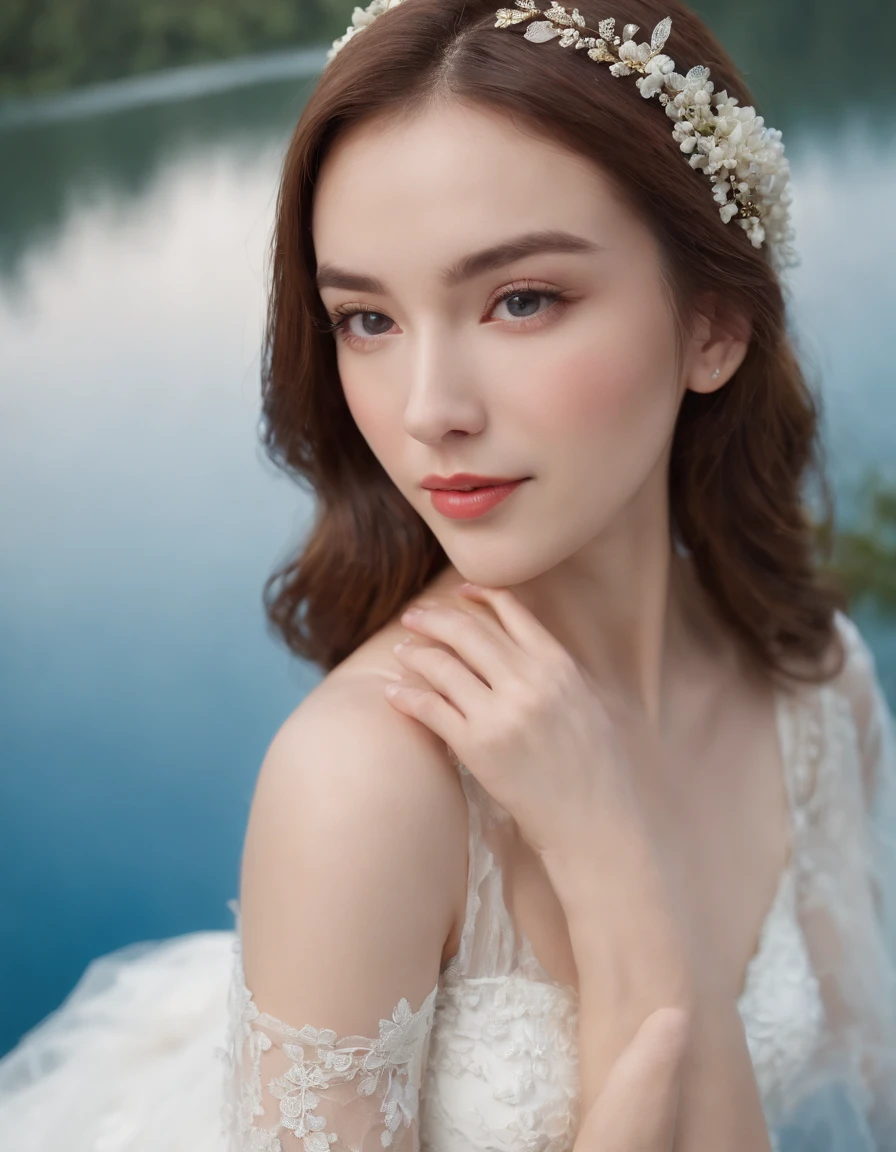 1 beautiful girl, (Realistic:1.3) (full bodyesbian:1.3), standing photo, Stand in front of the blue lake, White wedding dress, Soft dress, Masterpiece, diffused soft lighting, Portrait, Best quality, (Perfect face:1.4), Ultra-realistic Highly detailed, Complex and realistic simulation style photos, Cinematic lighting, studio shoot, Elegant Pose, upper body