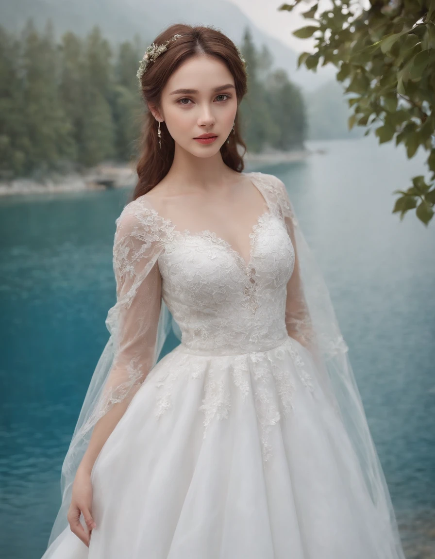 1 beautiful girl, (Realistic:1.3) (full bodyesbian:1.3), standing photo, Stand in front of the blue lake, White wedding dress, Soft dress, Masterpiece, diffused soft lighting, Portrait, Best quality, (Perfect face:1.4), Ultra-realistic Highly detailed, Complex and realistic simulation style photos, Cinematic lighting, studio shoot, Elegant Pose, upper body