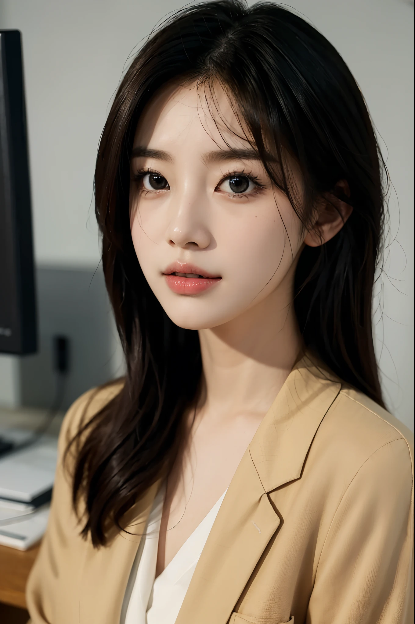 High-res, Realistic portrait of professional korean office lady with perfect skin,Professional suits,Women's suits,stand posture,The upper part of the body,Women in the workplace,Show confidence and maturity, Surrounded by a modern corporate environment, Vibrant and naturally lit highlights. The artwork should emphasize her elegant facial features, Including charming long eyes, Fluttering eyelashes and seductive lips. The scene should be enhanced with elements of professionalism and visual appeal,For example, Stylish work desk, Mainframe computers, High-resolution display, and complex stationery. The overall tone should be warm and professional, Has a soft and natural color palette. The artwork should exude a sense of professionalism, Success, and cultural pride,The background is blurred out