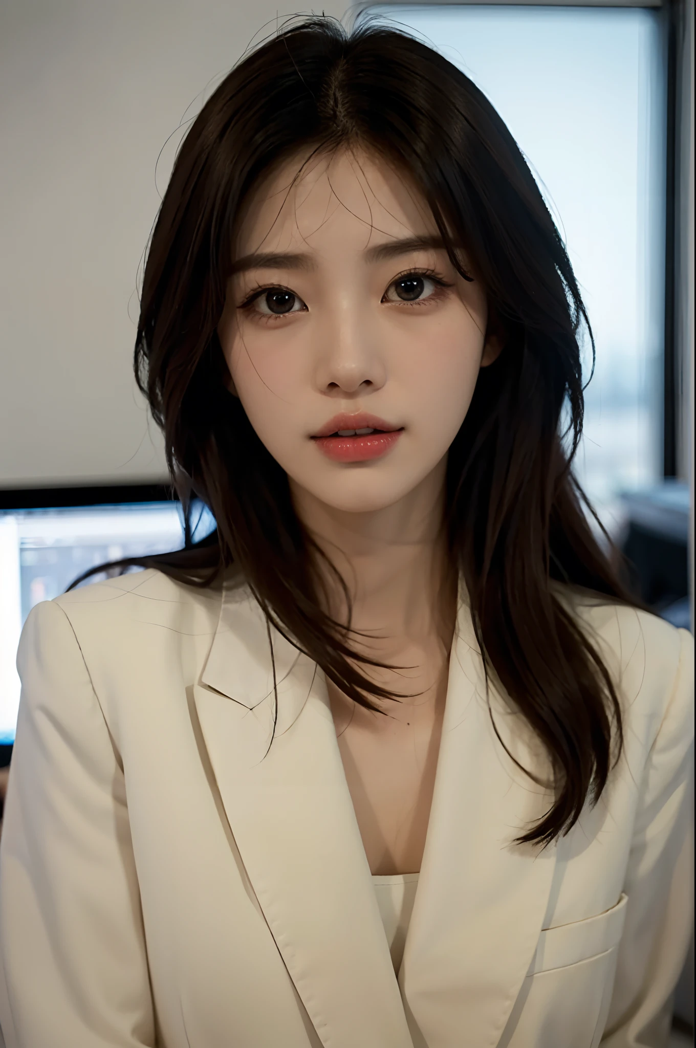 High-res, Realistic portrait of professional korean office lady with perfect skin,Professional suits,Women's suits,stand posture,The upper part of the body,Women in the workplace,Show confidence and maturity, Surrounded by a modern corporate environment, Vibrant and naturally lit highlights. The artwork should emphasize her elegant facial features, Including charming long eyes, Fluttering eyelashes and seductive lips. The scene should be enhanced with elements of professionalism and visual appeal,For example, Stylish work desk, Mainframe computers, High-resolution display, and complex stationery. The overall tone should be warm and professional, Has a soft and natural color palette. The artwork should exude a sense of professionalism, Success, and cultural pride,The background is blurred out