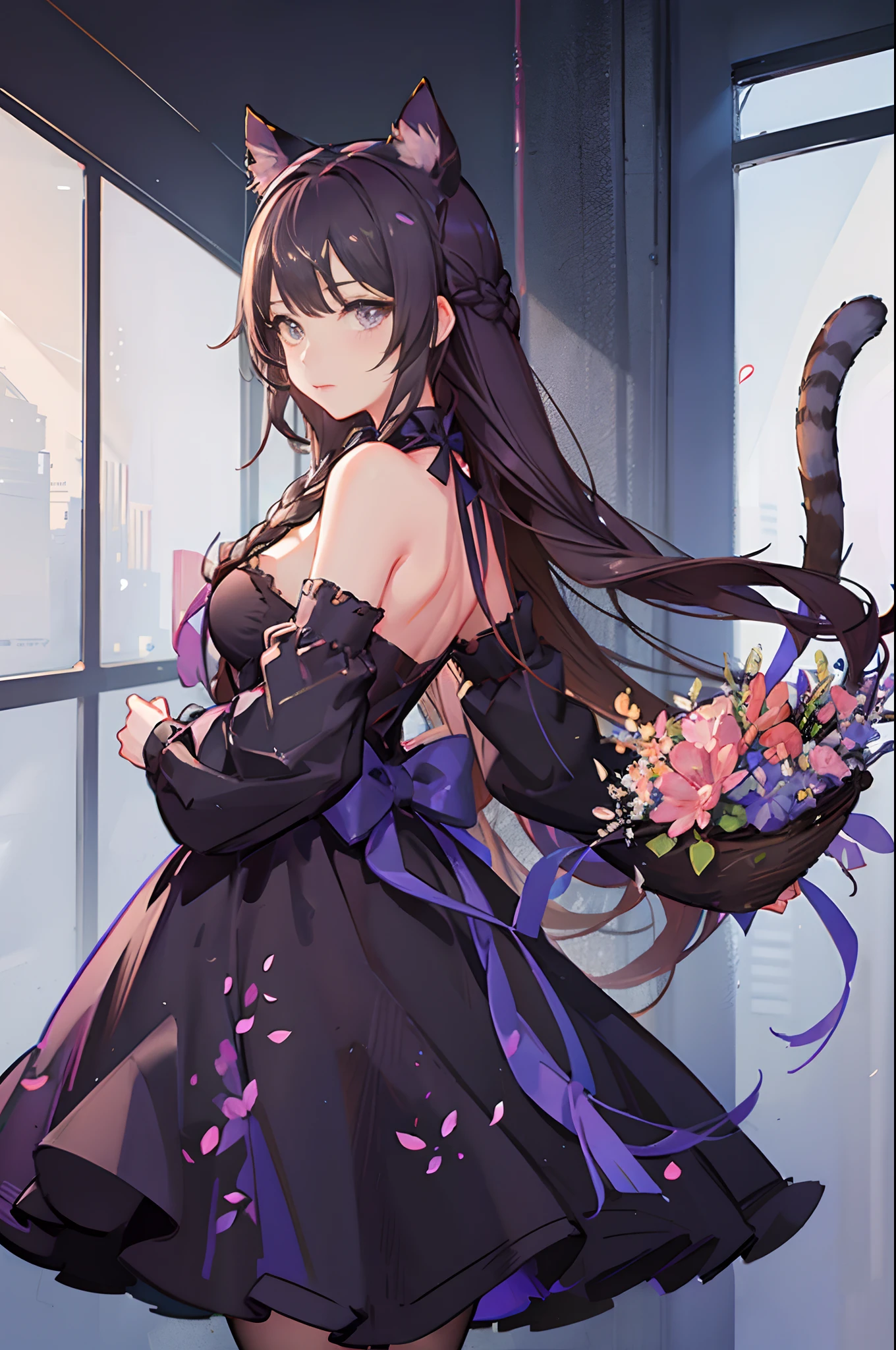1girl in, Naked, Animal ears, Purple eyes, Brown hair, Wings, Solo, Long hair, blush, Cat ears, Flowers, Looking at Viewer, Braids, the bow, slutty dress, pink flowers, the bow, Hair Accessories, Bangs, Cats, Hair Flower, Animal ear hair, Holding, Virtual Youtuber, blue bow, holding animal, catwoman, stuffed toy