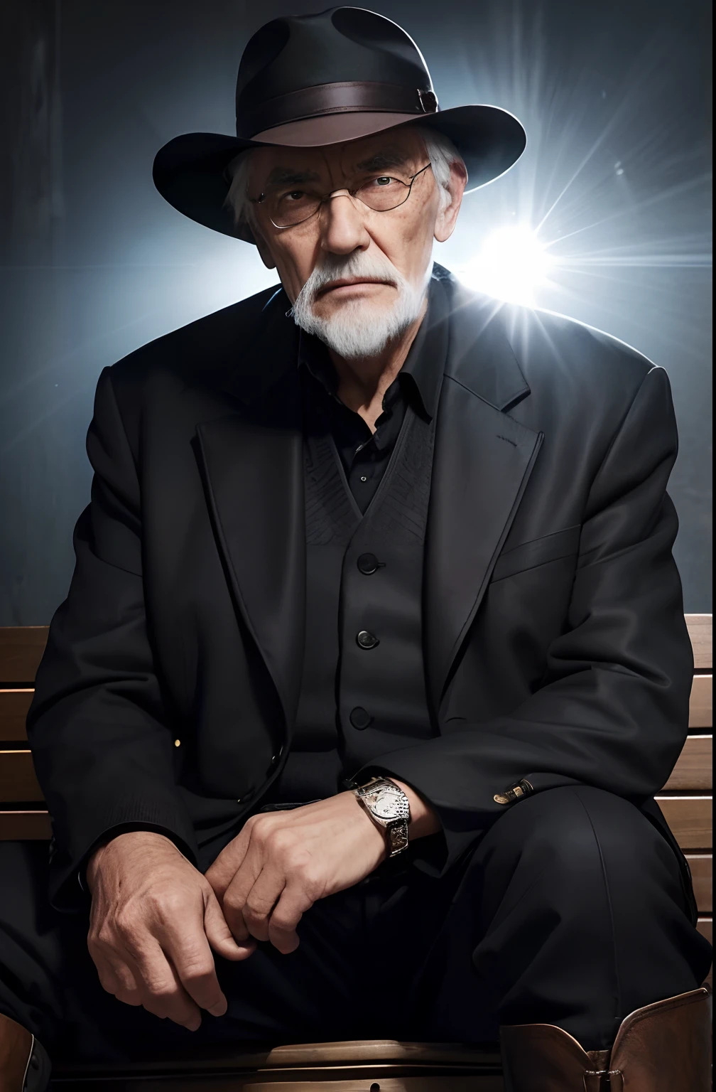 with a goatee,Old gentleman in black riding boots,Show off his boots,The light source is in the upper left corner。