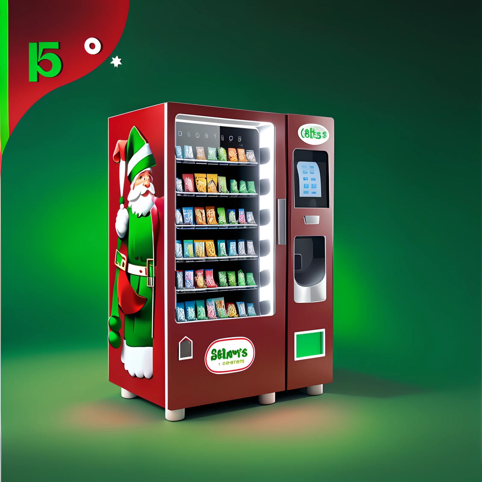 santa,Bell,Socks and other Christmas elements,or vending machines related to products such as Christmas, The panel is centered, Official product image,The upper large screen is the advertising screen,The small place that protrudes from the front is the card machine,The body is simple,Literary style design,Reasonable elements with Christmas elements appear on the body, Such as Santa Claus , Christmas tree and other elements,Concise elements,Elements such as the sense of design can also be a little more and so on,The whole is mainly light red and green,The color distribution can be 50 each%The elements are more diverse,It may take a little time