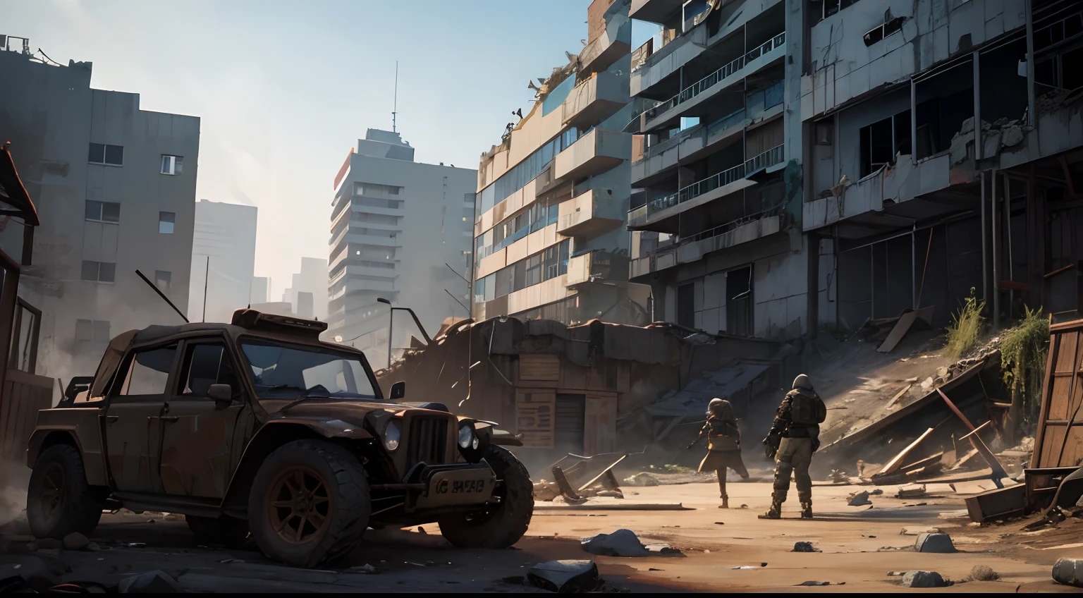 A combat arena with broken buildings, wasteland