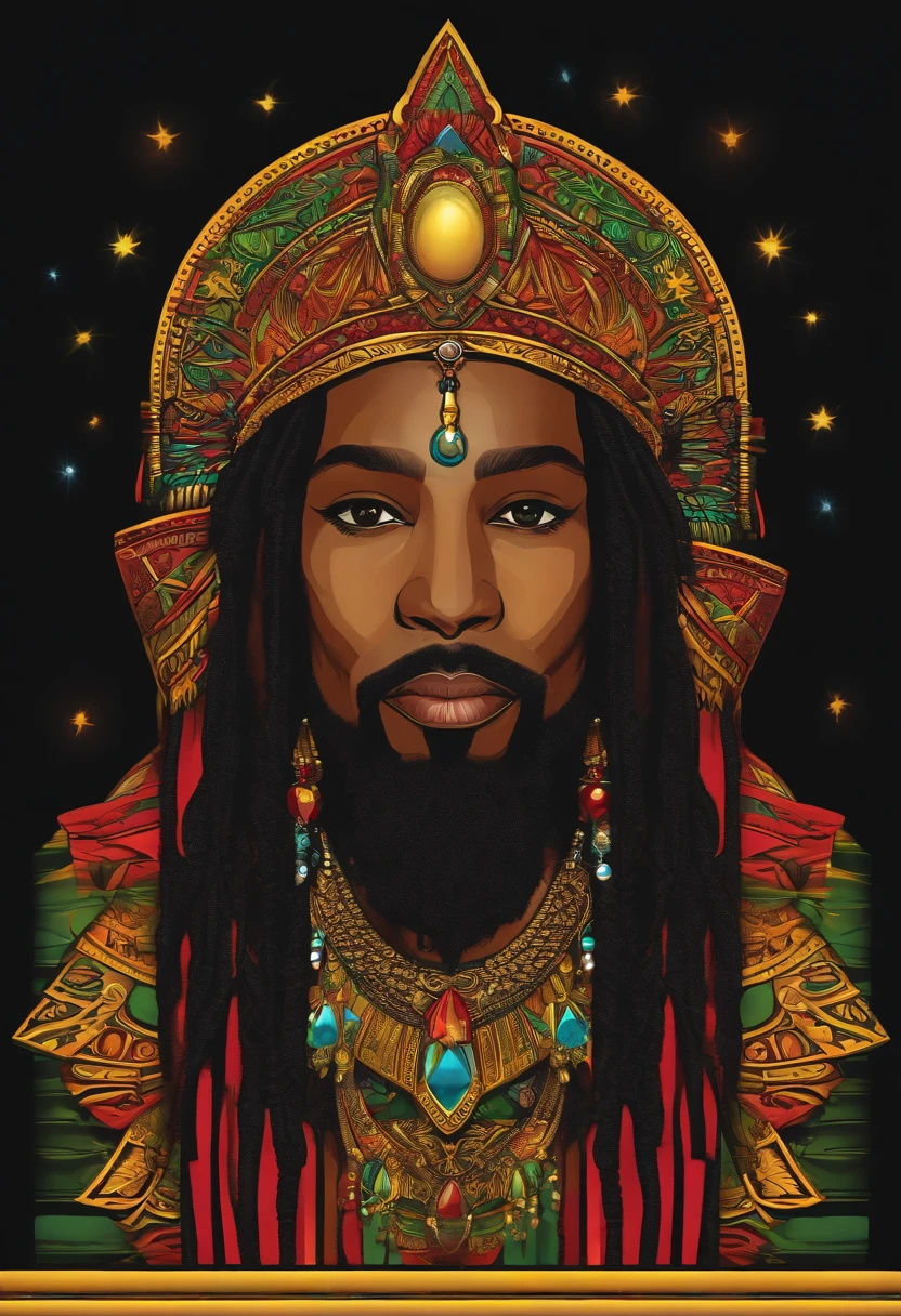 t-shirt art, 2D, ((black background :1, 5)), vector, vivid colors, chibi rasta outfit character, masterpiece, best quality, intricate details, perfect symmetrical face, realistic details, gothic theme, rim light, moonlight, cinematic shading, Greg Rutkowisk