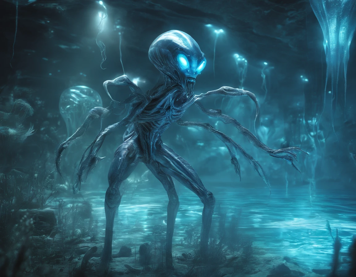 (Translucent Alien), walking, hands and feet, big eyes, water monsters, (humanoid), light, blue light, jellyfish, ocean, aquatic plants
