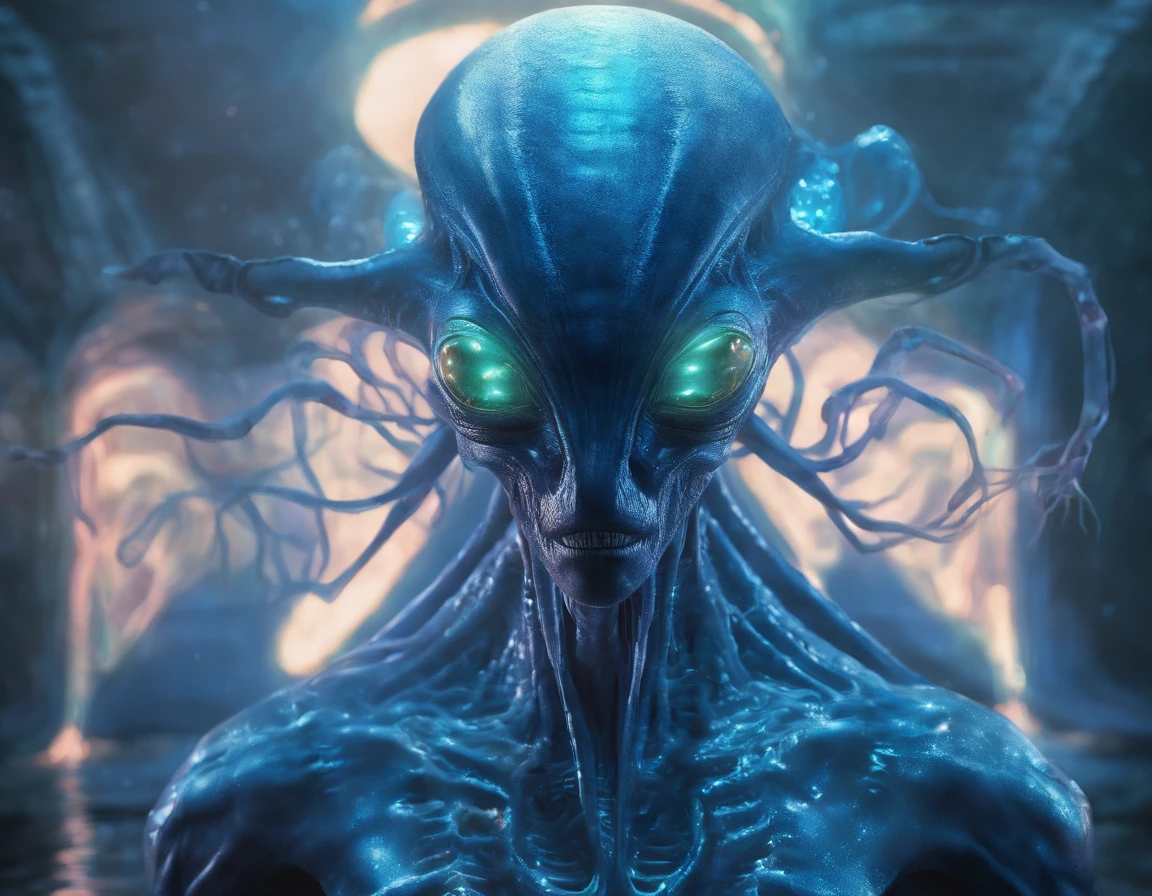 (Translucent Alien), walking, hands and feet, big eyes, water monsters, (humanoid), light, blue light, jellyfish, ocean, aquatic plants