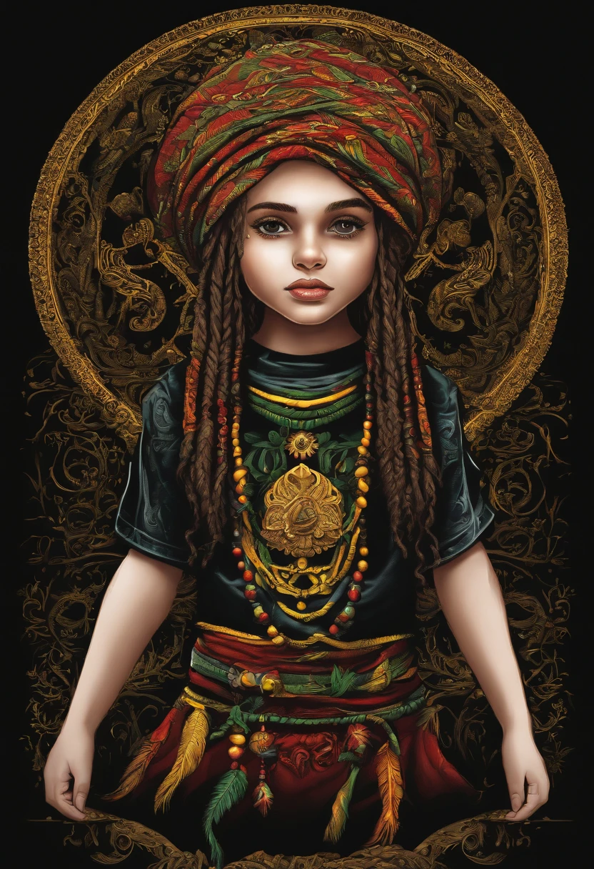 t-shirt art, 2D, ((black background :1, 5)), vector, vivid colors, chibi rasta outfit character, masterpiece, best quality, intricate details, perfect symmetrical face, realistic details, gothic theme, rim light, moonlight, cinematic shading, Greg Rutkowisk