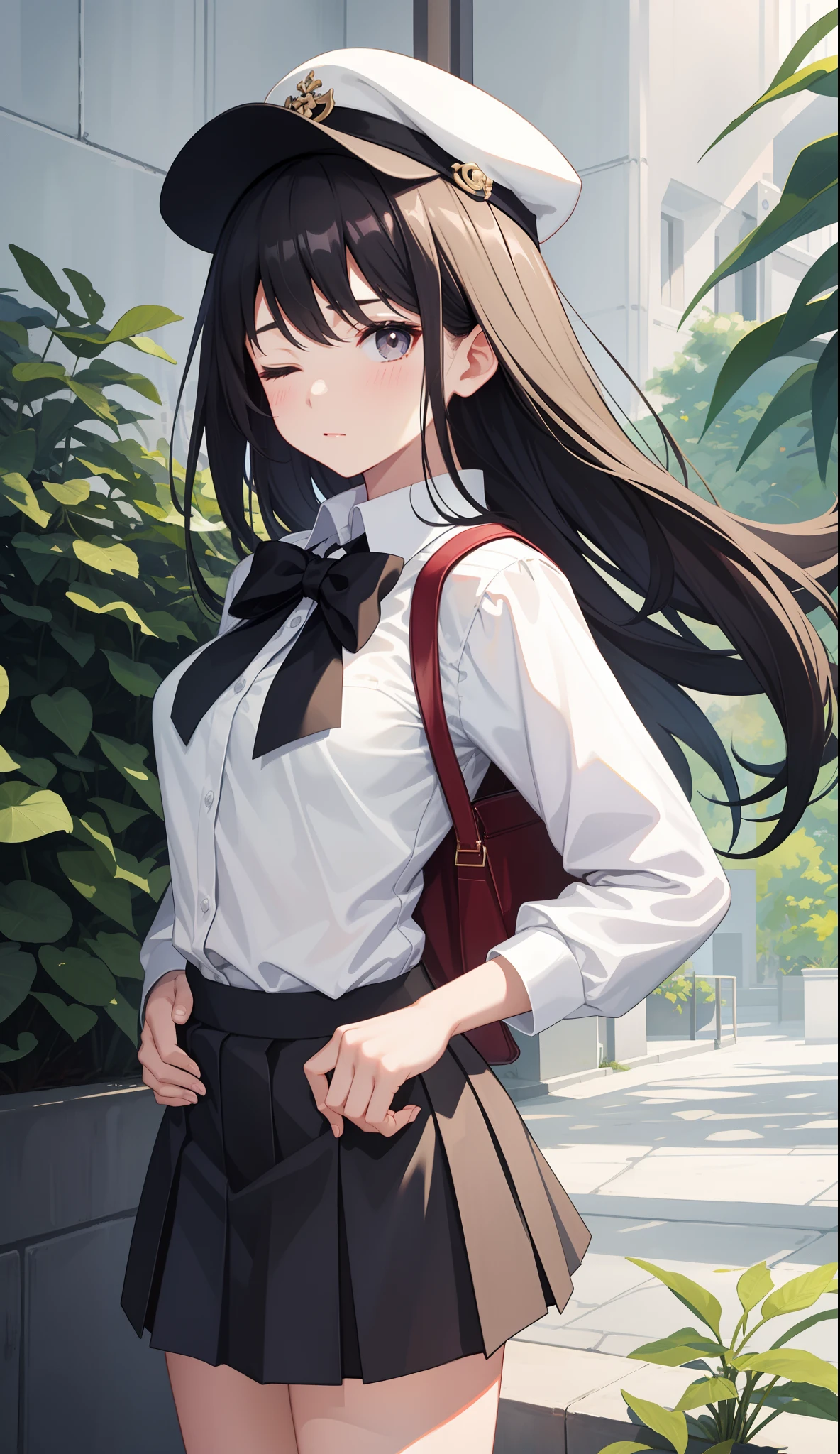 1girl in、AS-Adult、eye closed、Aching、skirt by the、(small tits)、Upper body portrait、