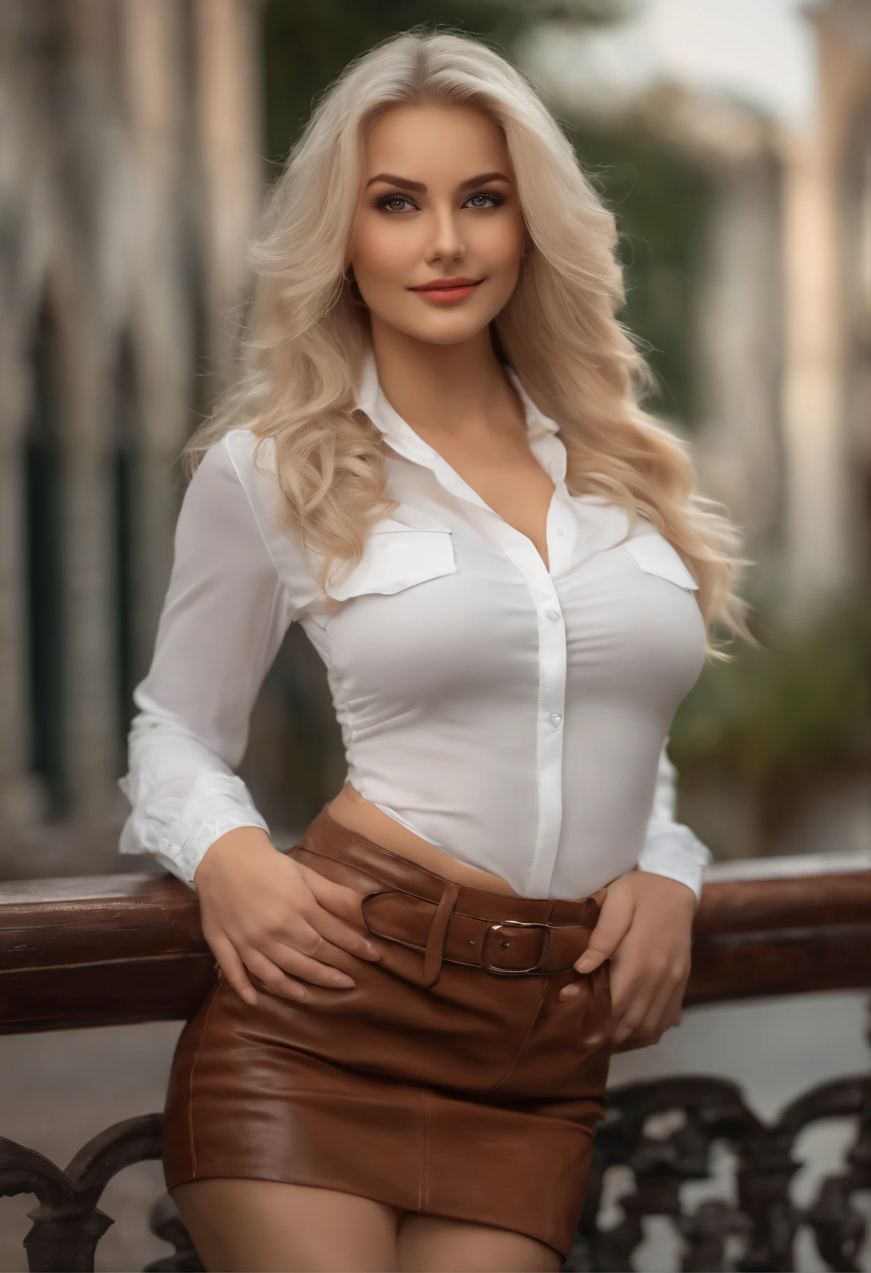 professional, (4k photo:1.1) by (Jeremy Lipking:0.3), (Dittmann Anna:0.3), (Arian Mark:0.3), (Sharp focus:1.3), high detail, wearing (lowcut shirt:1.2), beautiful detailed face, hazel eyes, long blonde hair, (attractive young woman:1.3), (seductive:1.1), (blushing:1.1), hourglass body shape, large round big breasts, wide thicc hips, blonde goddess, tight outfit, tight attire, smiling seductively, pretty face, perfect white haired girl, satisfied pose, cute seductive smile, beautiful blonde girl, good young girl, beautiful angle, attractive pose, cute girl, sexy pose, a gorgeous blonde, full body picture, full body, full body shoot, wearing white skirt and boots