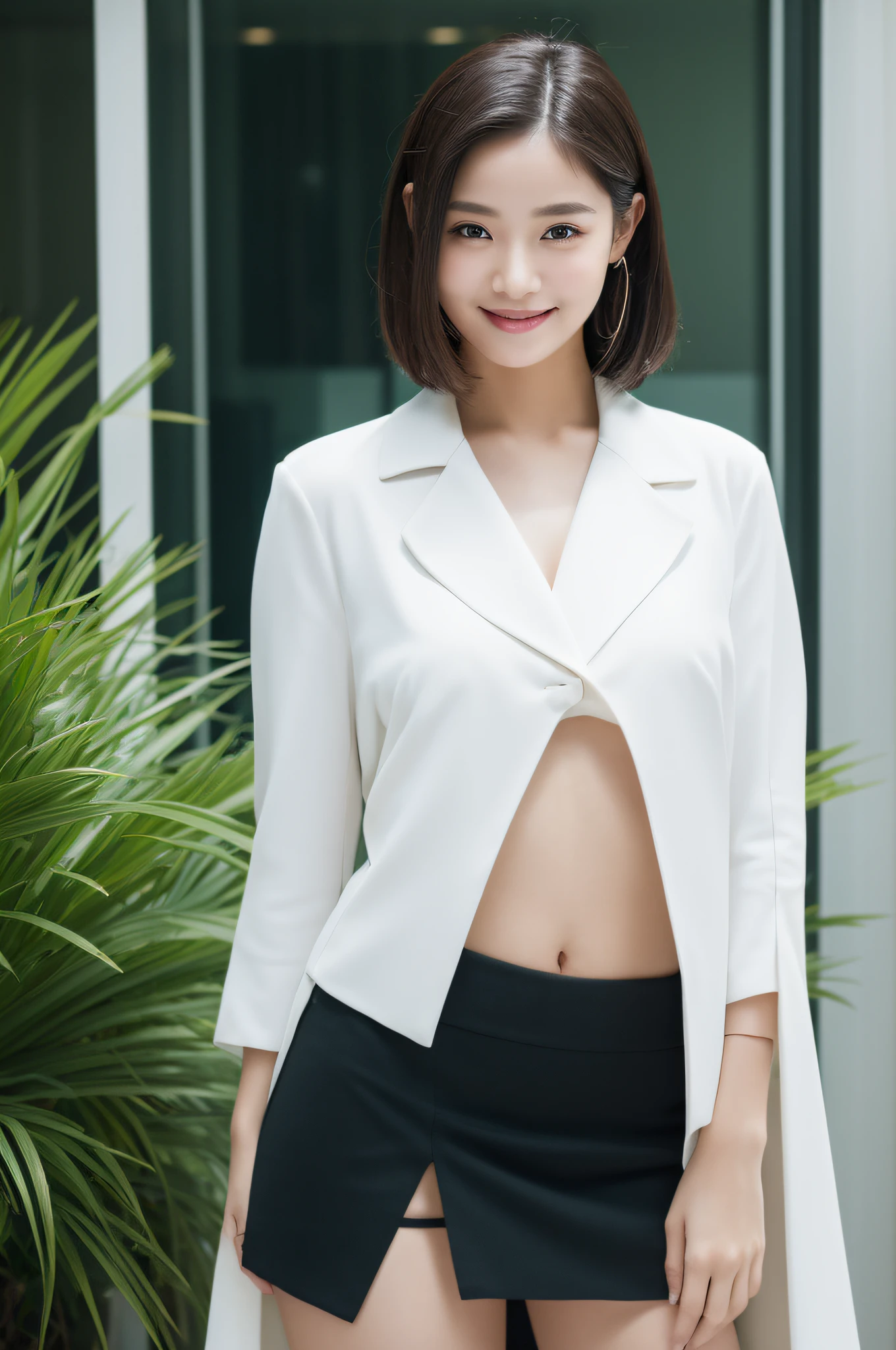 (best qualtiy, in 8K, ​masterpiece) ，1girl in，femele，goddes，35 year old，Portrait Photogram，Thousand Reins， God perspective，Aperture F11，Focal length 24mm，（ full body Esbian：1.2），ssmile，posed for photo，Ultra-detailed skin details、Wearing a slit skirt、office building、Focus on the background、