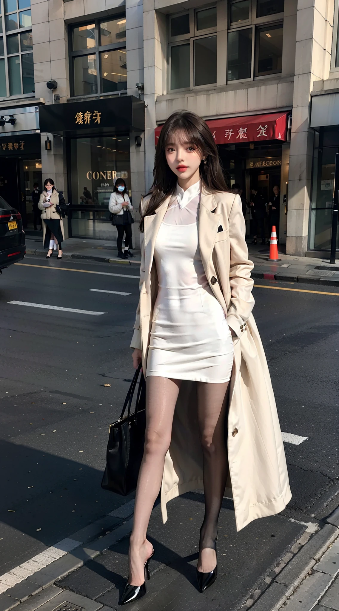 A ball head,Heavy makeup,Stiletto pointed toe heels,Transparent colorless flesh silk pantyhose,ear studs,Long legs,8K,On the street,In the daytime,By bangs,wind coat