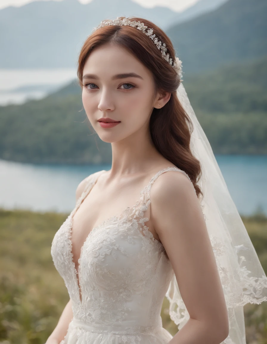 1 beautiful girl, (Realistic:1.3) (full bodyesbian:1.3), standing photo, Stand in front of the blue lake, White wedding dress, Soft dress, Masterpiece, diffused soft lighting, Portrait, Best quality, (Perfect face:1.4), Ultra-realistic Highly detailed, Complex and realistic simulation style photos, Cinematic lighting, studio shoot, Elegant Pose, upper body