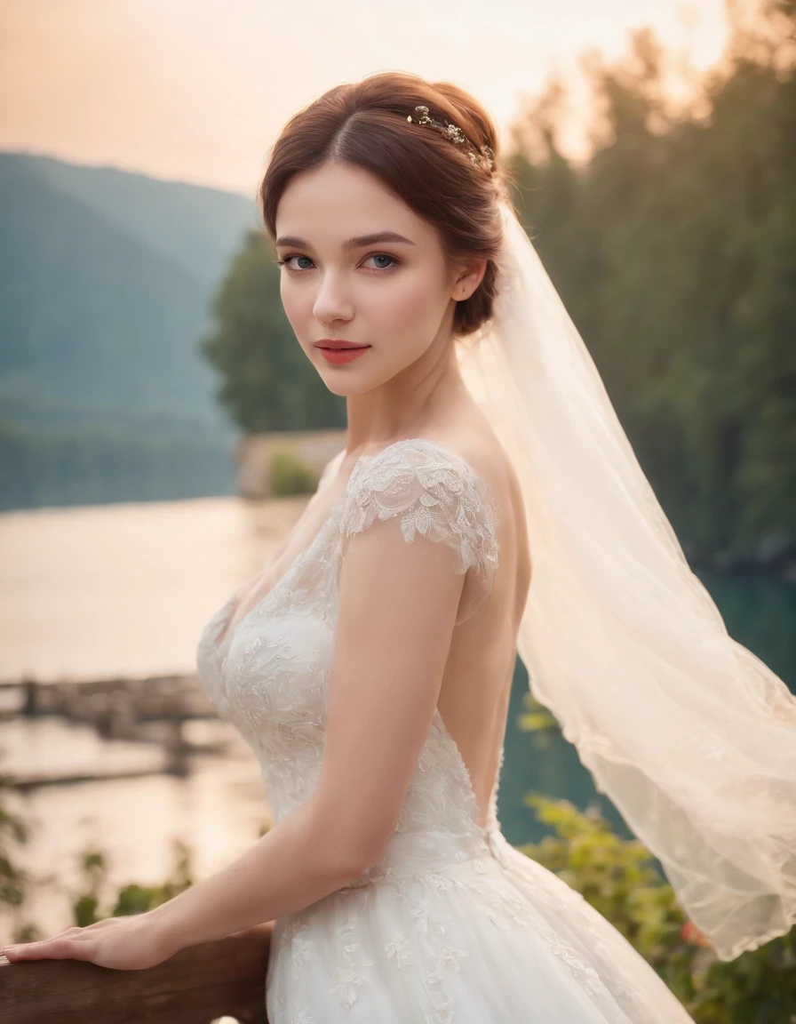 1 beautiful girl, (Realistic:1.3) (full bodyesbian:1.3), standing photo, Stand in front of the blue lake, White wedding dress, Soft dress, Masterpiece, diffused soft lighting, Portrait, Best quality, (Perfect face:1.4), Ultra-realistic Highly detailed, Complex and realistic simulation style photos, Cinematic lighting, studio shoot, Elegant Pose, upper body