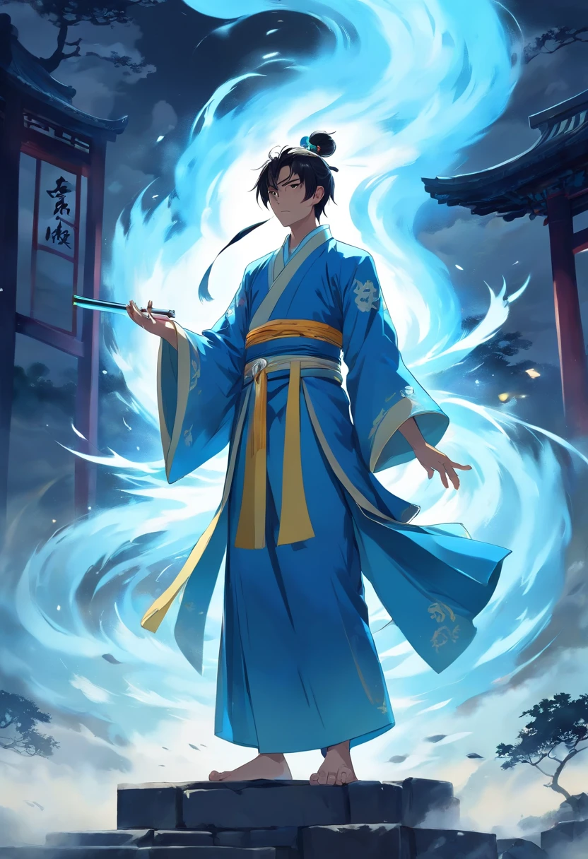 Complete storytelling, Full face, A Taoist priest who stands straight, Two fingers hold a piece of yellow paper，Draw Old Chinese words in the air, Form a spell, These words slowly dissipated in the air, A puff of white smoke is formed, Transformed into a tall golden martial arts divine shadow, Appeared behind the Taoist priest, Who turned his back to the shadow of the entire sky above him，Who dominated him, Angry, Overall cool tones, White, Blue, Create chiaroscuro, Traditional Chinese style, Ethnic feng ink painting, in wonderland, Graphical nature, Bian light highlights Taoist priests, Full-body image, long perspective, First-person perspective, high resolution, Virtual Engine,  Realism, High detail, 8K