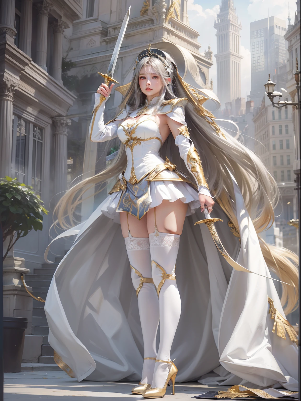 Silver-white girl with long hair，Dressed in a dress trimmed with white and gold，Towering buildings，Wear high heels，Sword in hand，（best qualtiy：1.4）， （A detailed：1.5）， （tmasterpiece：1.3），White stockings，sitted