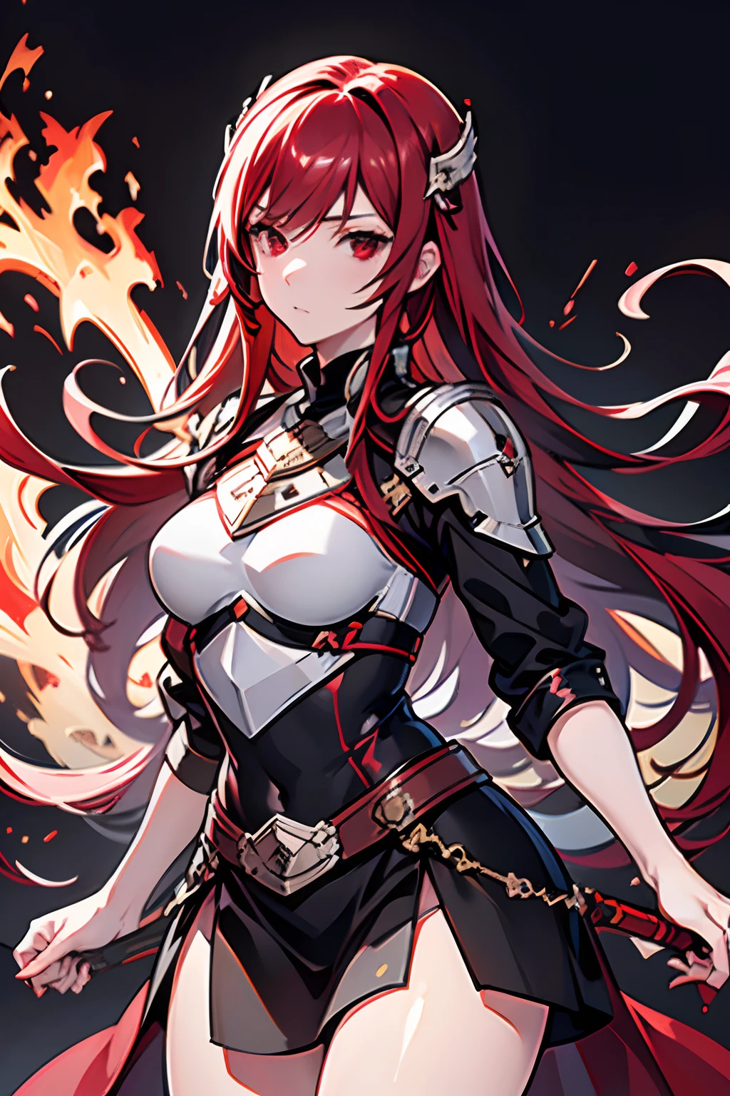 (masuter piece,Best Quality,Ultra-detailed), 1womanl, female focus on, 独奏, red hairs, Long hair with fringe, red eyes, Look at viewers, Genuine leather sword belt, Fighting Queen,nobles,a closed mouth, bangss, Fantasy aesthetics, Female knight, a sorceress,Fire emblem,Dagger decoration