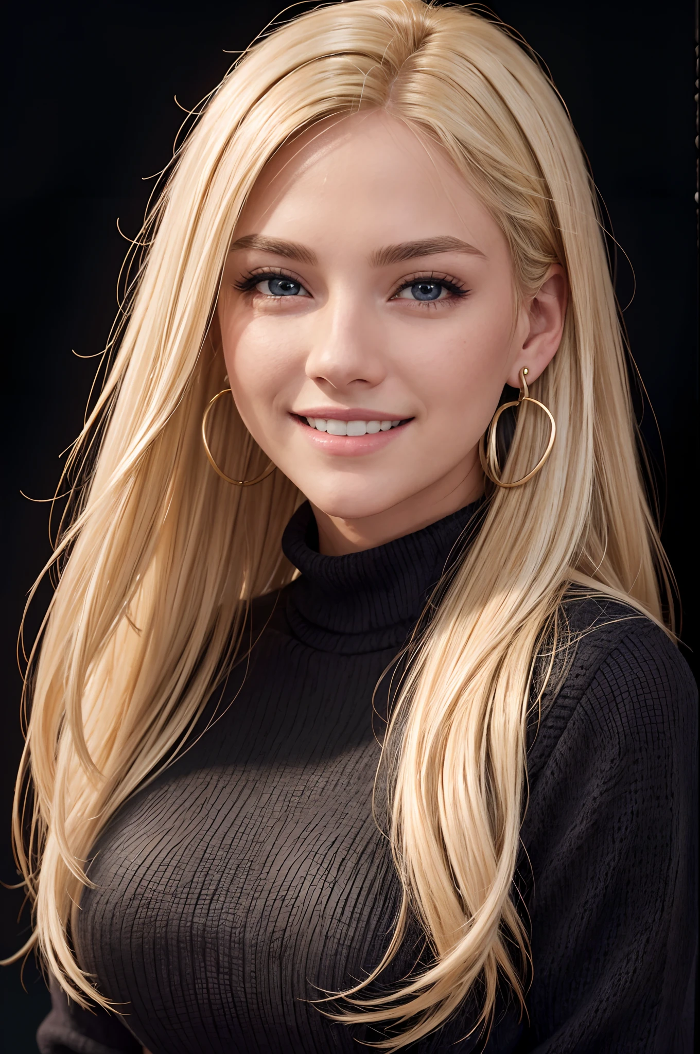 A close up of a woman with long blonde hair and a black turtle neck ...